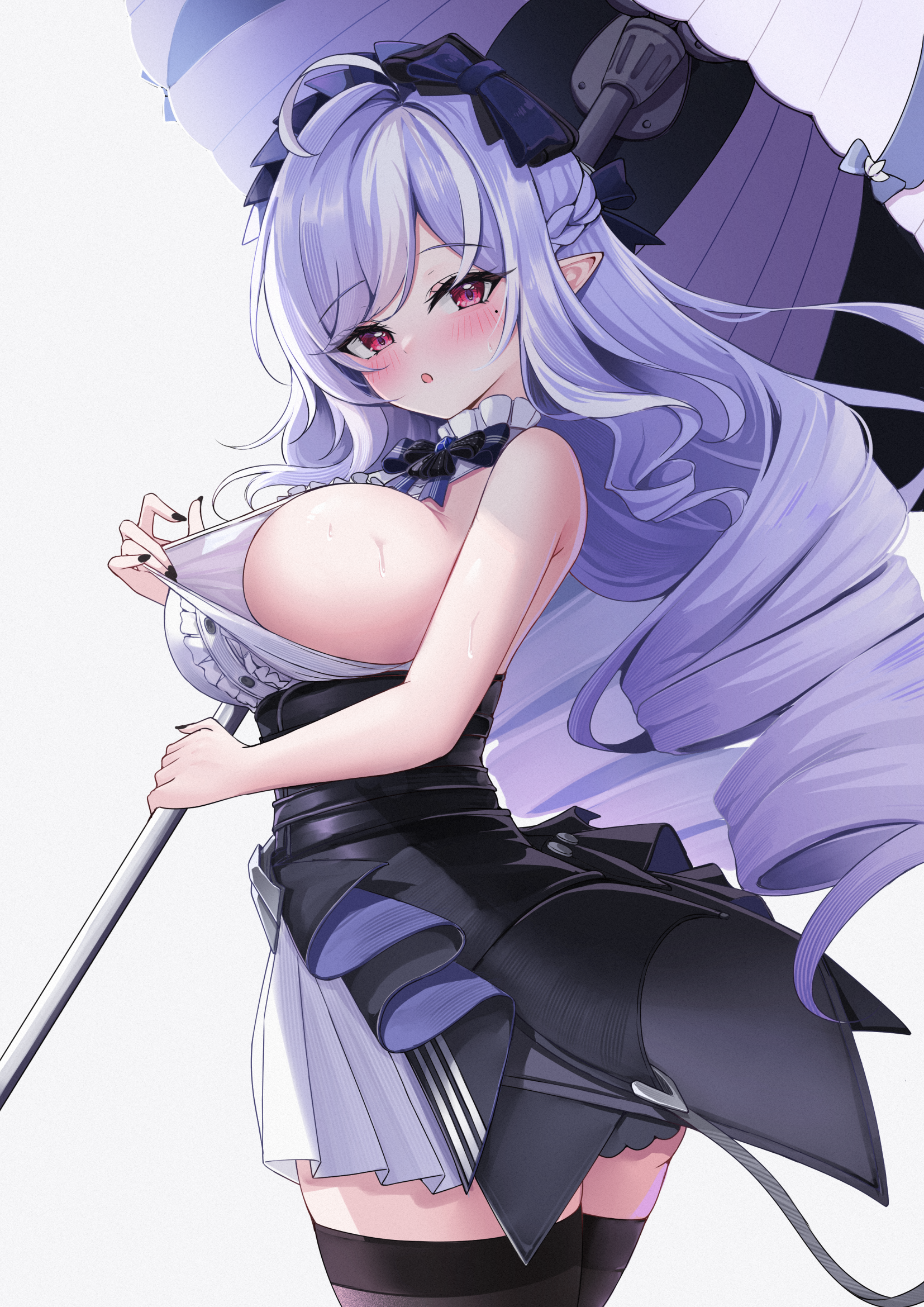 balut (7676i), vivian banshee, zenless zone zero, commentary request, highres, 1girl, :o, black thighhighs, blush, breasts, dress, drill hair, holding, holding umbrella, large breasts, long hair, looking at viewer, mole, mole under eye, pointy ears, purple hair, red eyes, simple background, solo, thighhighs, thighs, umbrella, very long hair, white background, white dress