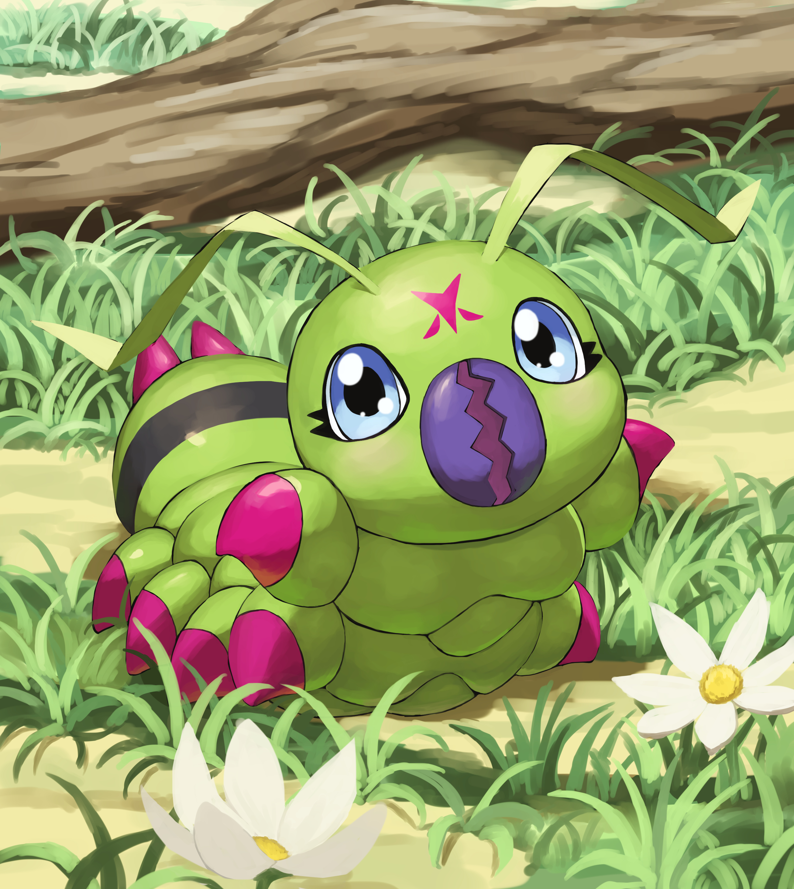 jira (ziraiya26), wormmon, digimon, absurdres, highres, antennae, blue eyes, day, digimon (creature), flower, grass, looking at viewer, no humans, outdoors, solo, white flower