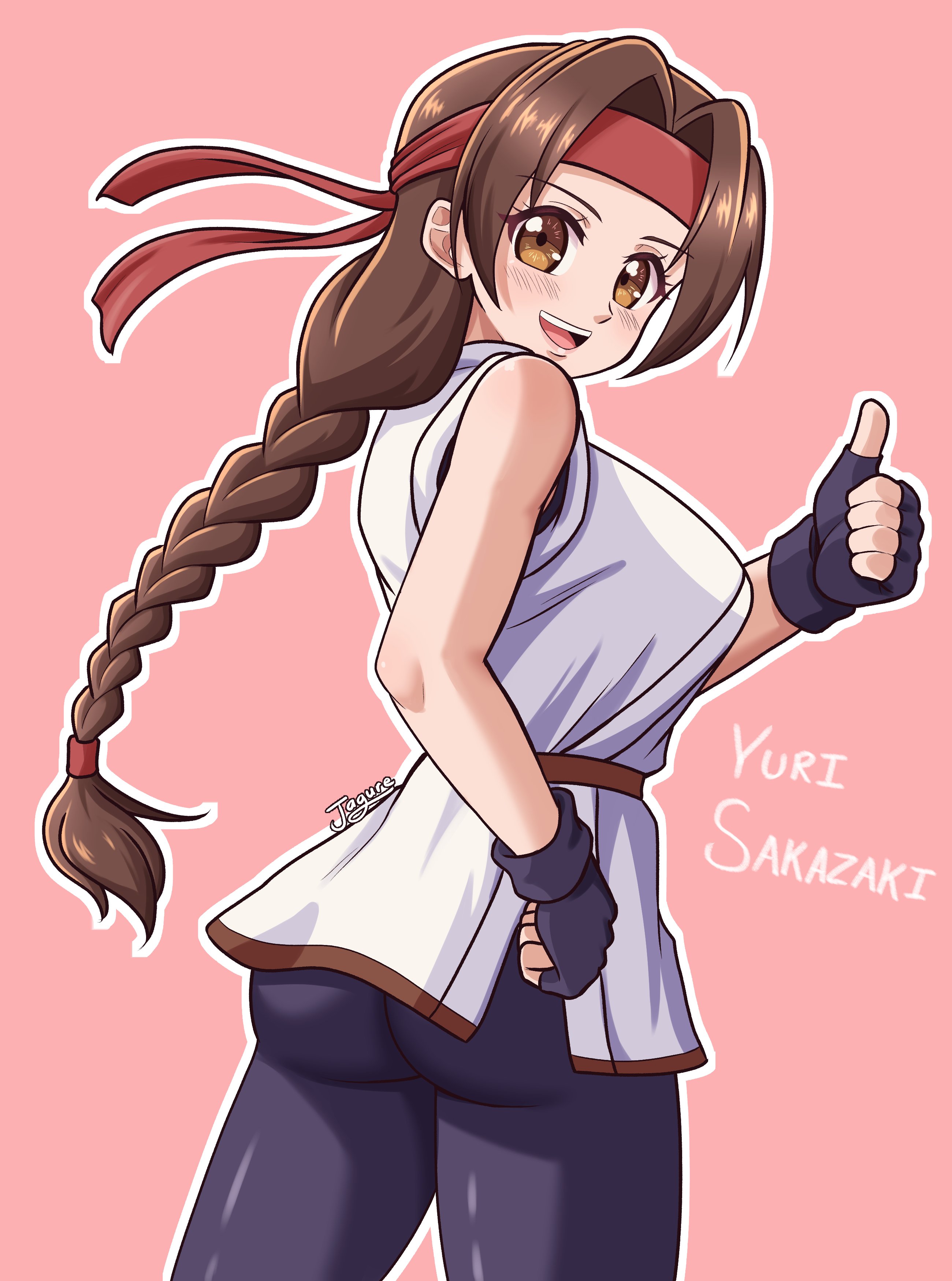 jagure111, yuri sakazaki, the king of fighters, 1girl, ass, braid, braided ponytail, breasts, brown eyes, brown hair, dougi, female focus, from behind, gloves, hairband, hand up, huge ass, huge breasts, jagure 111, karate gi, large breasts, leggings, long hair, looking at viewer, looking back, pale skin, pants, skirt, smile, smiley face, spandex, yoga pants