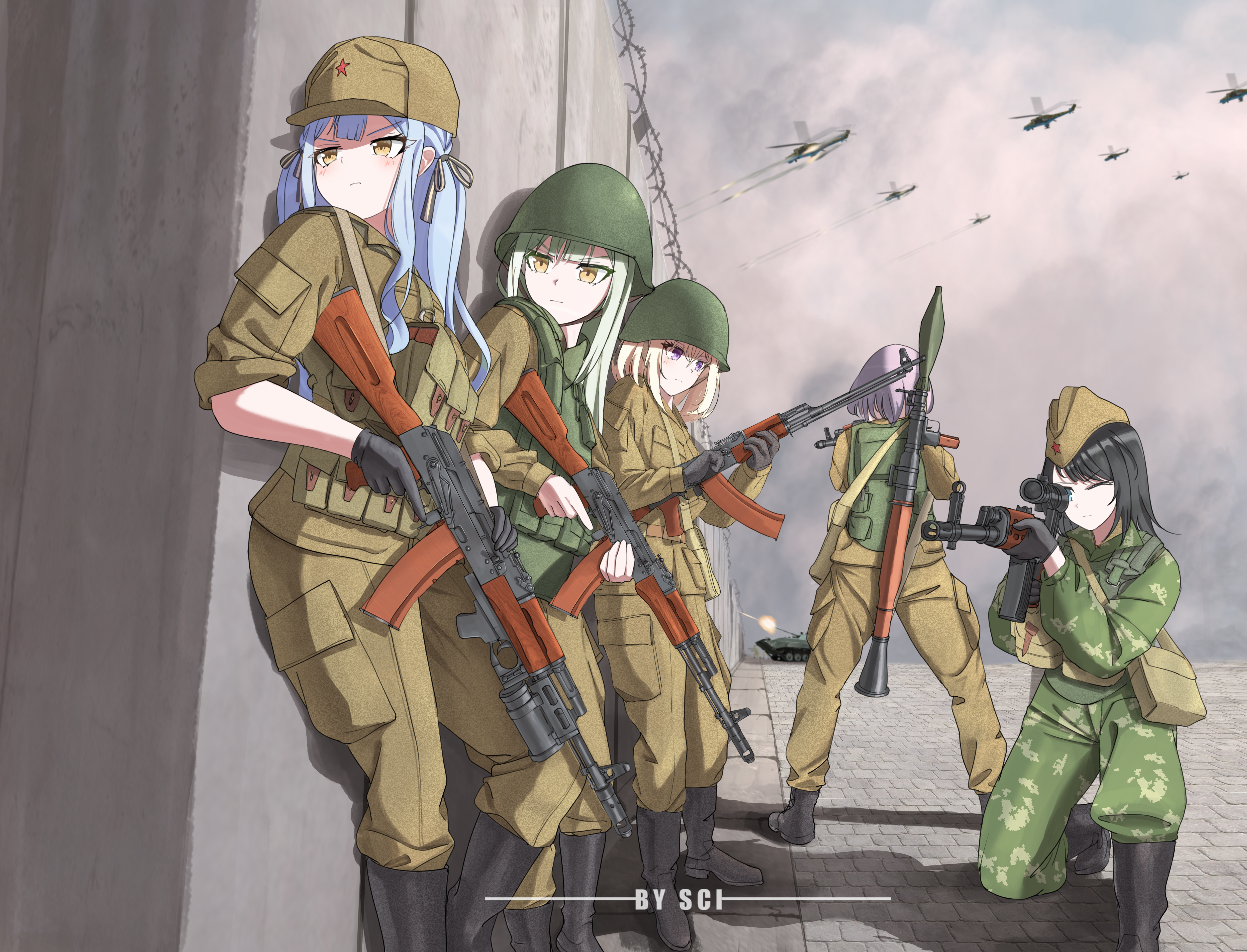 sci (31134306), misumi uika, togawa sakiko, wakaba mutsumi, yahata umiri, yuutenji nyamu, ave mujica (bang dream!), bang dream!, bang dream! it's mygo!!!!!, absurdres, highres, huge filesize, 5girls, aiming, aircraft, ak-74, ammunition pouch, armored vehicle, artist name, assault rifle, attack helicopter, barbed wire, berezka camouflage, black boots, black gloves, black hair, blonde hair, blue hair, blunt bangs, bmp-2, boots, bulletproof vest, camouflage, camouflage jacket, camouflage pants, cold war, combat boots, combat helmet, concrete wall, dragunov svd, field cap, firing, garrison cap, gloves, gp-25, green hair, grenade launcher, gun, hair ribbon, hat, helicopter, helmet, infantry fighting vehicle, jacket, kalashnikov rifle, light machine gun, load bearing vest, long hair, machine gun, medium hair, mi-24, military combat uniform, military uniform, military vehicle, motor vehicle, multiple girls, on one knee, one eye closed, pants, pouch, purple eyes, purple hair, red star, ribbon, rifle, road, rocket (projectile), rocket launcher, rpg, rpg-7, rpg (weapon), rpk-74, scope, semi-automatic rifle, serious, shadow, sidelocks, sniper rifle, soldier, soviet, soviet army, ssh-68 combat helmet, star (symbol), street, tank, two side up, underbarrel grenade launcher, war, weapon, weapon on back, yellow eyes, yellow hat, yellow jacket, yellow pants