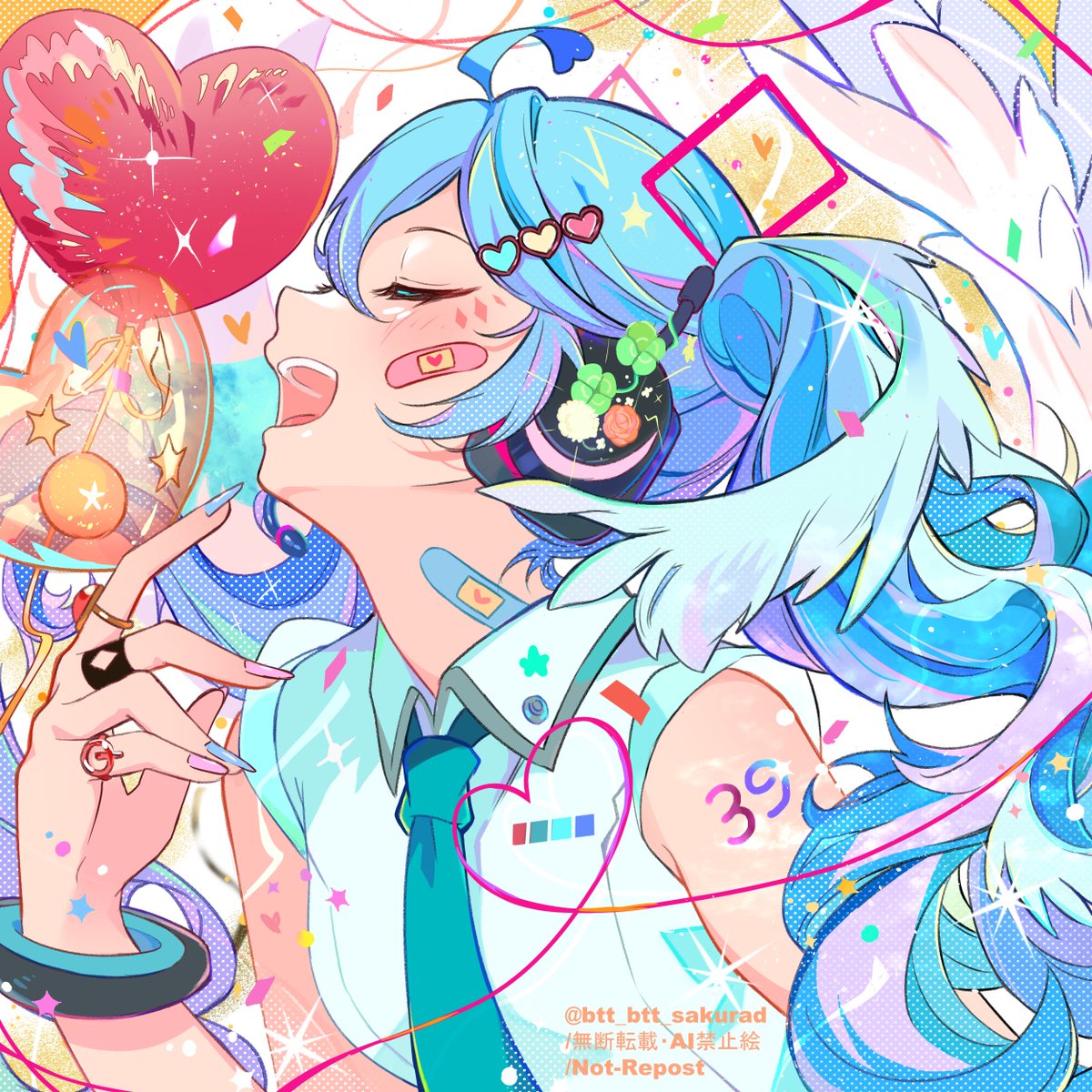 sakurada btt, hatsune miku, vocaloid, highres, 1girl, balloon, bandaid, bandaid on face, bandaid on neck, blue hair, bracelet, closed eyes, collared shirt, feathered wings, fingernails, hair ornament, head wings, headphones, heart, heart balloon, heart hair ornament, jewelry, long hair, nail polish, necktie, open mouth, profile, ring, shirt, sleeveless, sleeveless shirt, smile, solo, sparkle, teeth, twintails, upper body, upper teeth only, white shirt, wings