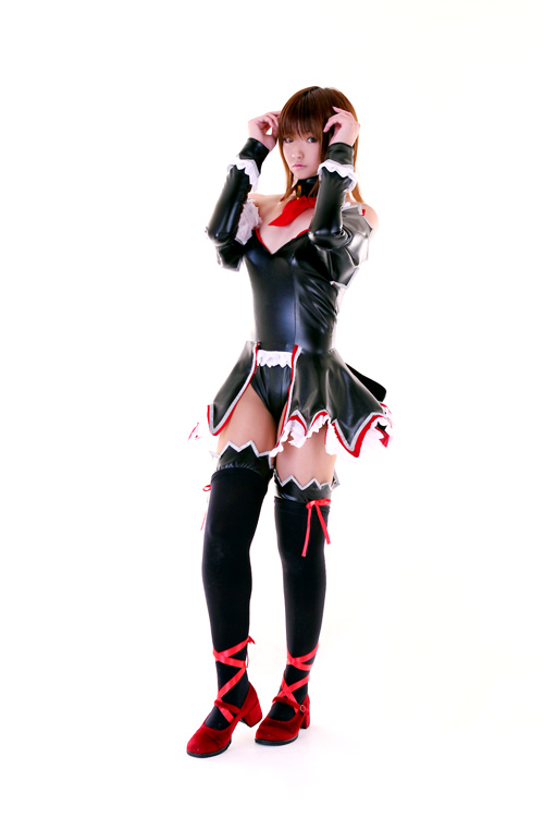 mizuhara arisa, ryuuguu rena, higurashi no naku koro ni, photo (medium), 1girl, angel mort, asian, black thighhighs, cosplay, female focus, full body, simple background, solo, thighhighs, white background