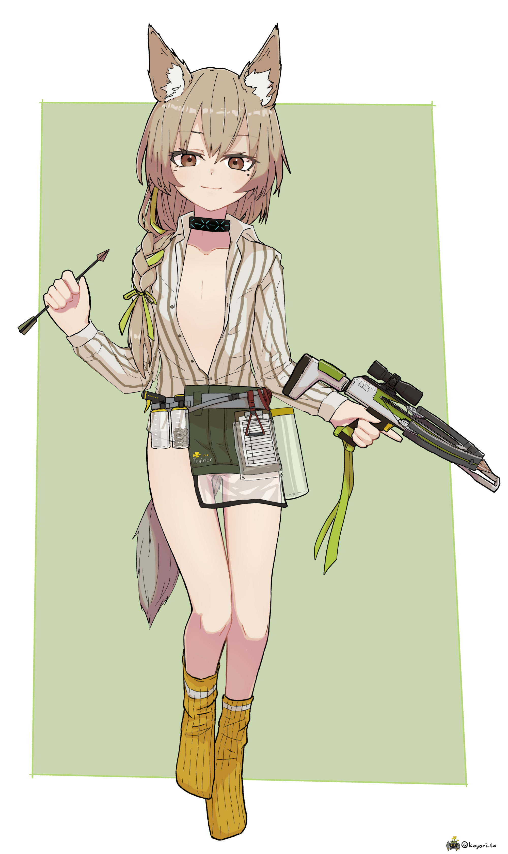 kamihine, beanstalk (arknights), infection monitor (arknights), arknights, absurdres, commentary request, highres, variant set, 1girl, animal ear fluff, arrow (projectile), artist name, border, bottomless, bow (weapon), braid, brown eyes, brown hair, closed mouth, collarbone, crossbow, flat chest, full body, green background, hair ribbon, holding, holding arrow, holding weapon, hyena ears, hyena girl, hyena tail, long hair, long sleeves, looking at viewer, no shoes, outside border, partially unbuttoned, ribbon, ribbon braid, shirt, side braid, signature, simple background, single braid, socks, solo, striped clothes, striped shirt, twitter username, vertical-striped clothes, vertical-striped shirt, weapon, white border, white shirt, yellow socks