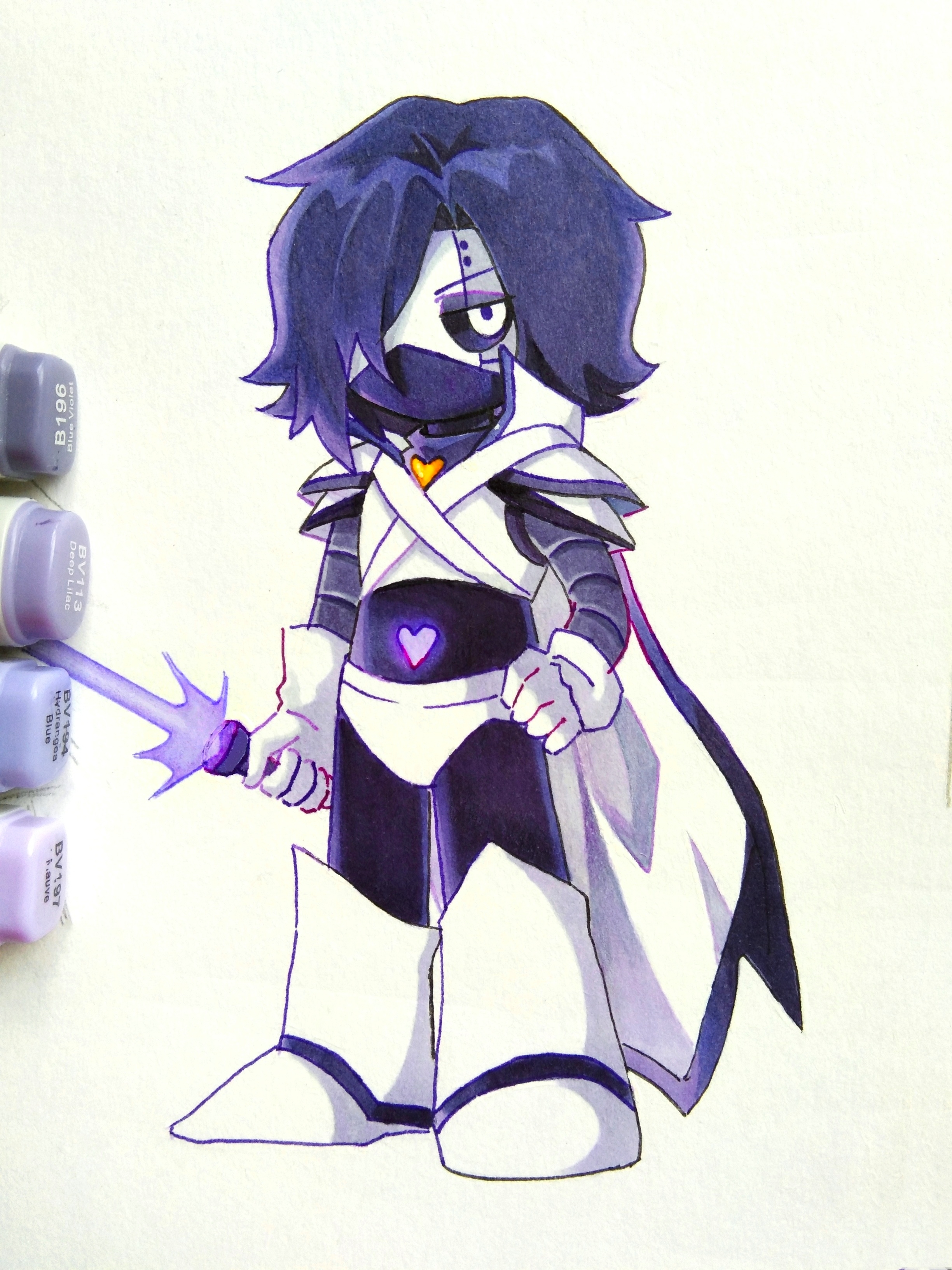 nishinianshaodehuanxi137, mettaton, mettaton ex, undertale, utdr (toby fox), xtale, absurdres, chinese commentary, commentary request, highres, marker (medium), traditional media, 1boy, alternate universe, androgynous, android, armor, art tools in frame, black hair, black mask, black sclera, boots, cape, colored sclera, covered mouth, energy sword, eyeshadow, film grain, full body, gloves, grey eyeshadow, hair over one eye, hand on own hip, heart, knee boots, lightsaber, looking at viewer, makeup, male focus, mask, mechanical arms, mouth mask, one eye covered, short hair, shoulder armor, solo, standing, sword, v-shaped eyebrows, weapon, white boots, white cape, white eyes, white gloves