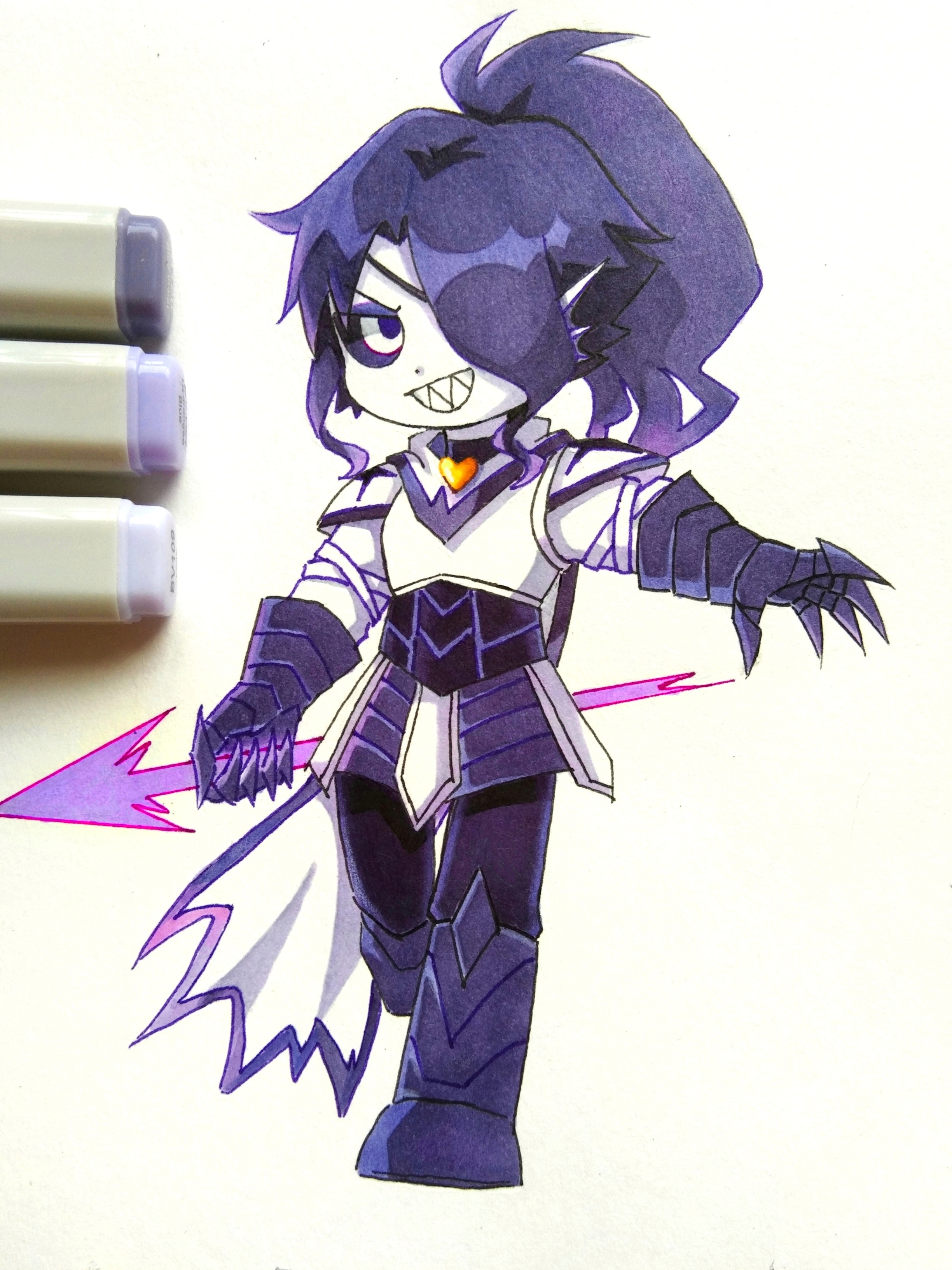 nishinianshaodehuanxi137, undyne, undertale, utdr (toby fox), xtale, absurdres, chinese commentary, commentary request, highres, marker (medium), traditional media, 1girl, :d, alternate universe, armor, armored boots, armored gloves, arrow (projectile), art tools in frame, black boots, black gloves, black hair, black pants, black sclera, boots, cape, colored sclera, colored skin, eyepatch, eyeshadow, film grain, fins, full body, gloves, grin, hair over one eye, head fins, high ponytail, holding, holding arrow, looking at viewer, makeup, medium hair, one eye covered, open mouth, pants, ponytail, purple eyeshadow, sharp teeth, shirt, shoulder armor, smile, solo, standing, standing on one leg, teeth, torn cape, torn clothes, v-shaped eyebrows, white cape, white eyes, white gloves, white shirt, white skin