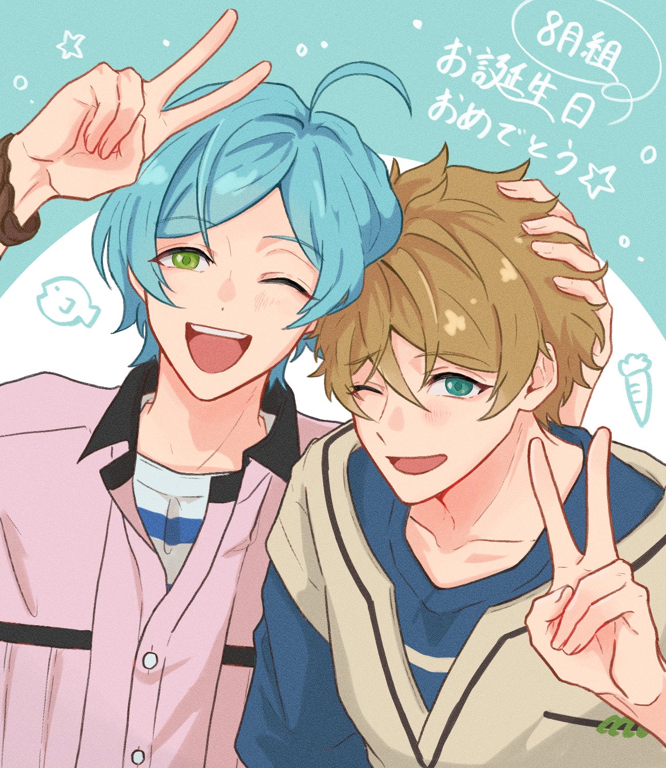 toi (art99), shinkai kanata, takamine midori, ensemble stars!, commentary request, highres, 2boys, ahoge, aqua eyes, arm up, blue hair, brown hair, buttons, carrot, collared shirt, fish, green eyes, hand up, happy birthday, looking at viewer, male focus, multiple boys, one eye closed, open mouth, shirt, short hair, teeth, upper body, upper teeth only, v