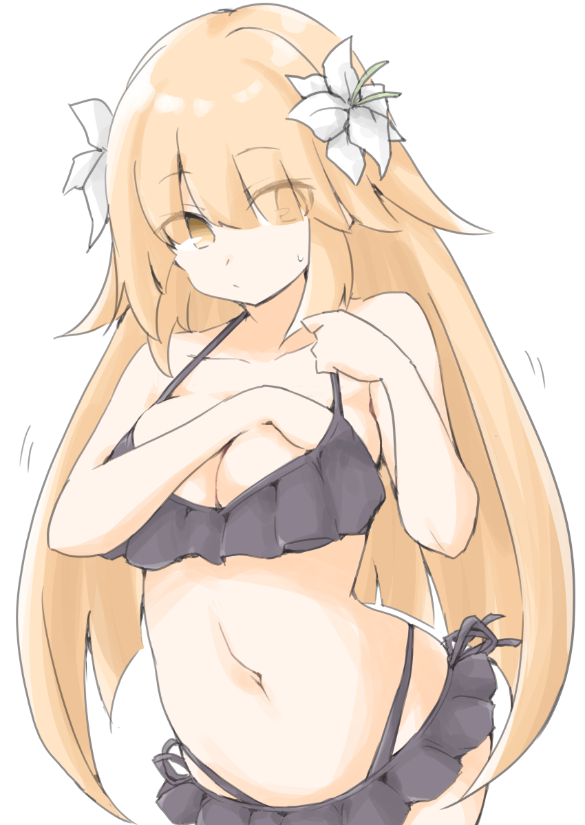 akara kai, brooklyn (kancolle), brooklyn (swimsuit) (kancolle), kantai collection, highres, 1girl, adjusting breasts, bikini, bikini skirt, black bikini, blonde hair, breasts, cleavage, cowboy shot, flower, frilled bikini, frills, hair flower, hair ornament, highleg, highleg bikini, large breasts, long hair, official alternate costume, red eyes, ruffle bikini, simple background, solo, swimsuit, white background, white flower