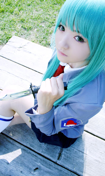 mizuhara arisa, sonozaki shion, higurashi no naku koro ni, photo (medium), cosplay, kneehighs, knife, school uniform, serafuku, socks