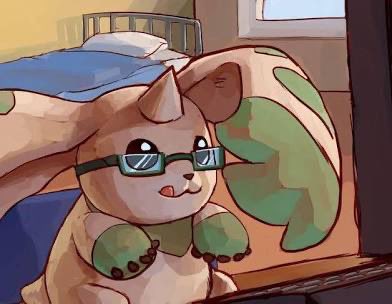 terriermon, digimon, lowres, bed, digimon (creature), glasses, green fur, grey fur, horns, indoors, licking lips, no humans, portalmasterdan64, single horn, solo, tongue, tongue out, two-tone fur