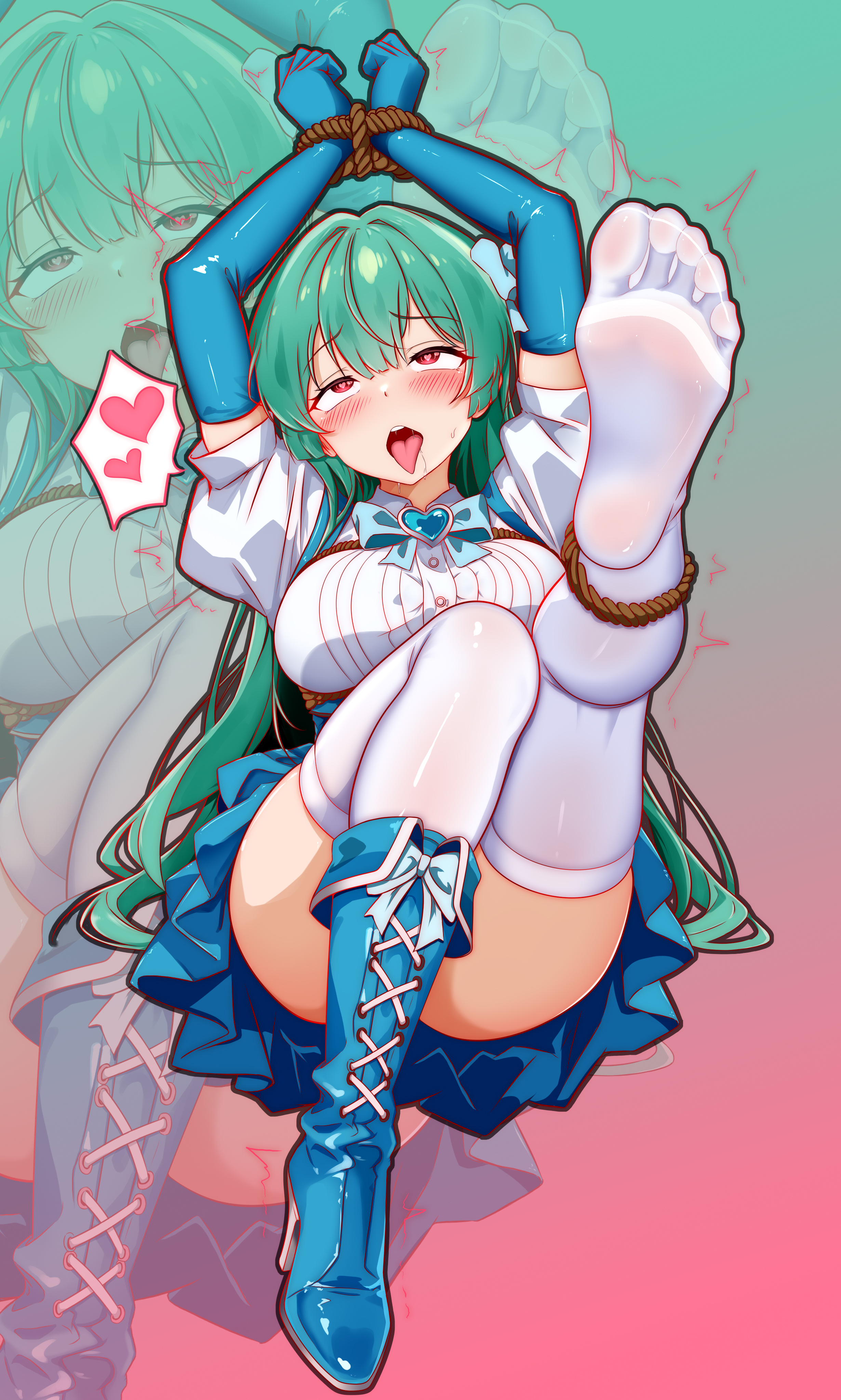 xiaozhi, magia azure, minakami sayo, mahou shoujo ni akogarete, absurdres, highres, 1girl, ahegao, blue boots, blue gloves, boots, bound, bound arms, elbow gloves, feet, gloves, green hair, heart, heart-shaped pupils, legs, long hair, looking up, red eyes, restrained, solo, symbol-shaped pupils, thighhighs, tongue, tongue out, white thighhighs