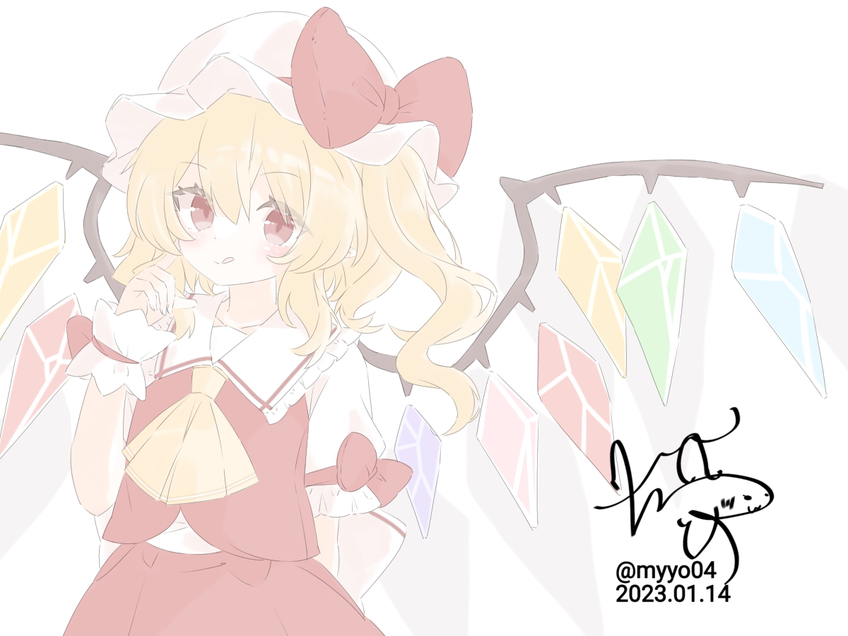 chame (myyo04), flandre scarlet, touhou, commentary request, 1girl, :q, ascot, blonde hair, blush, bow, closed mouth, collared shirt, crystal, crystal wings, dated, frilled shirt collar, frills, hat, hat bow, looking at viewer, mob cap, multicolored wings, one side up, red bow, red eyes, red skirt, red vest, shirt, signature, skirt, skirt set, sleeve bow, smile, solo, tongue, tongue out, twitter username, vest, white hat, wings, wrist cuffs, yellow ascot