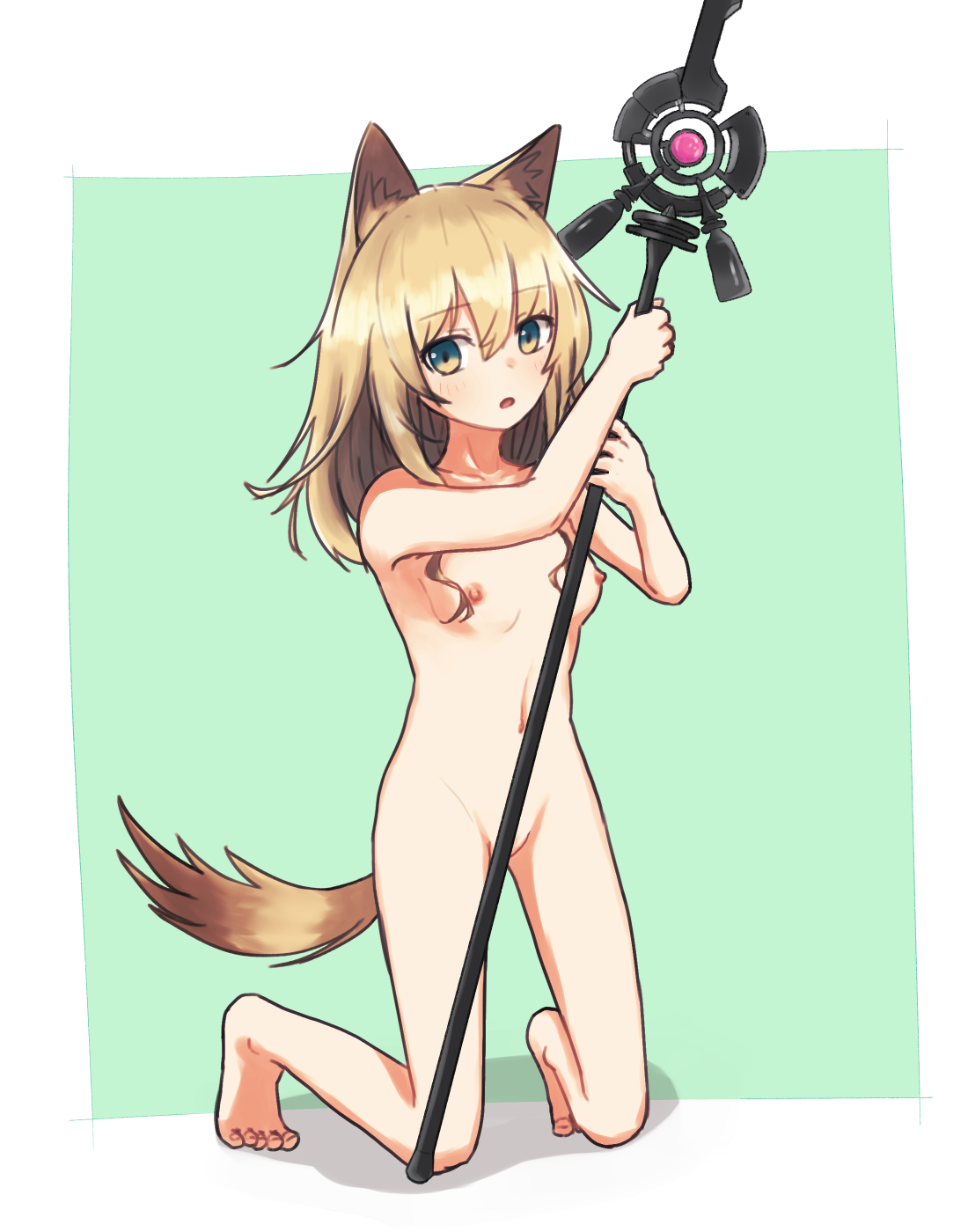 kamihine, podenco (arknights), arknights, commentary request, highres, variant set, 1girl, animal ear fluff, animal ears, barefoot, blonde hair, blue eyes, border, breasts, completely nude, convenient censoring, dog ears, dog girl, dog tail, full body, green background, holding, holding staff, kneeling, long hair, looking at viewer, navel, nipples, nude, open mouth, outside border, simple background, small breasts, solo, staff, tail, toes, white border