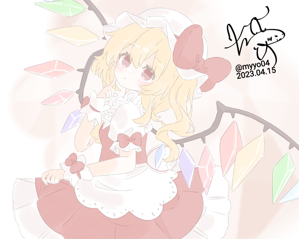 chame (myyo04), flandre scarlet, touhou, commentary request, 1girl, ascot, blonde hair, bow, crystal, crystal wings, dated, frilled skirt, frills, hat, hat bow, mob cap, multicolored wings, one side up, puffy short sleeves, puffy sleeves, red bow, red eyes, red skirt, red vest, short sleeves, signature, skirt, skirt set, sleeve bow, solo, twitter username, vest, white hat, wings, wrist cuffs, yellow ascot