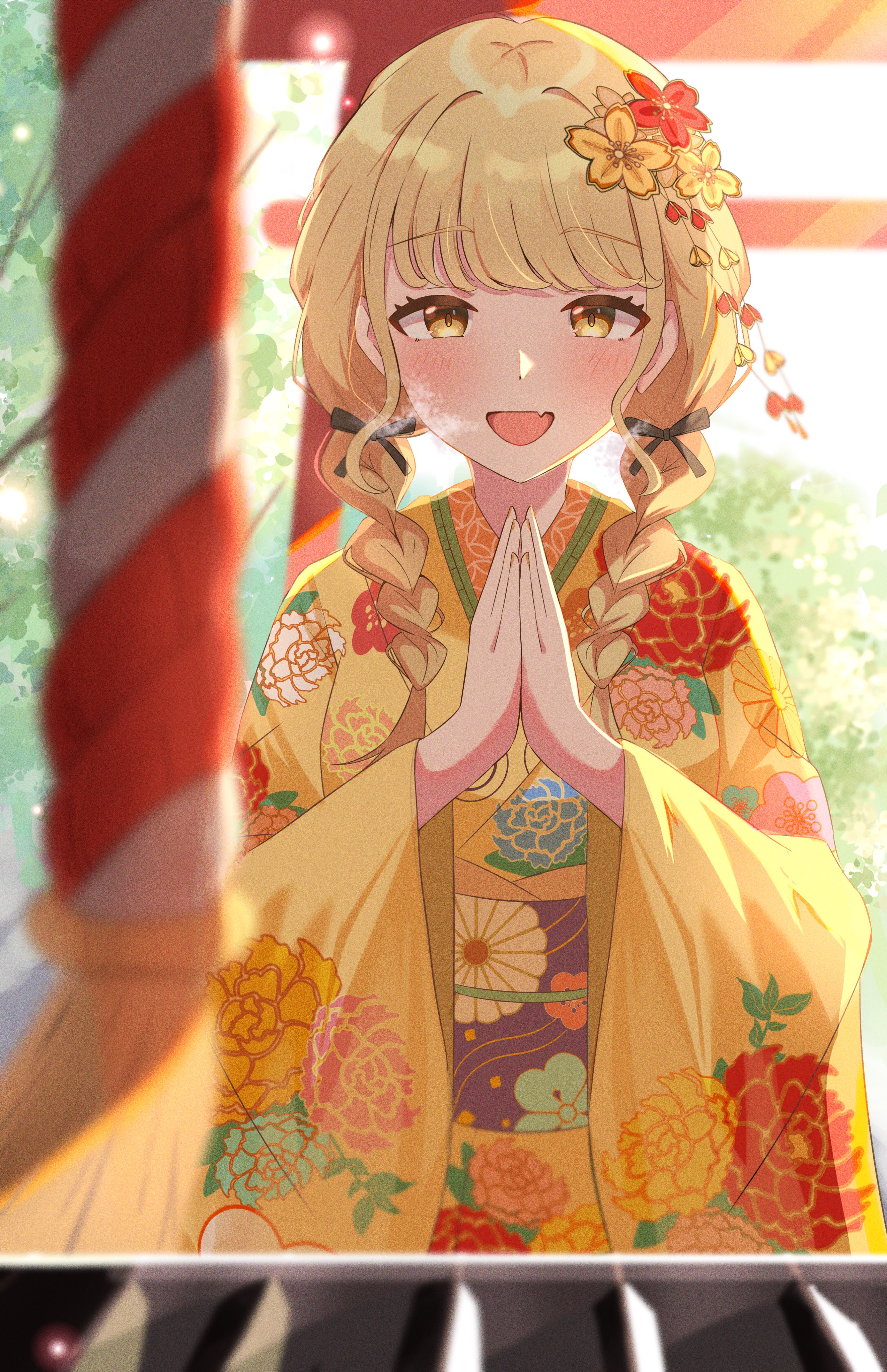 iroha 822, fujita kotone, gakuen idolmaster, idolmaster, absurdres, highres, 1girl, black ribbon, blonde hair, blush, box, braid, breath, donation box, fang, floral print, floral print kimono, flower, hair flower, hair ornament, hair ribbon, hatsumoude, japanese clothes, kimono, kouhaku nawa, long hair, long sleeves, looking at viewer, low twin braids, low twintails, new year, obi, obijime, open mouth, outdoors, own hands clasped, own hands together, praying, print kimono, ribbon, rope, sash, shimenawa, shrine, skin fang, solo, sunlight, torii, tree, twin braids, twintails, wide sleeves, yellow eyes, yellow kimono