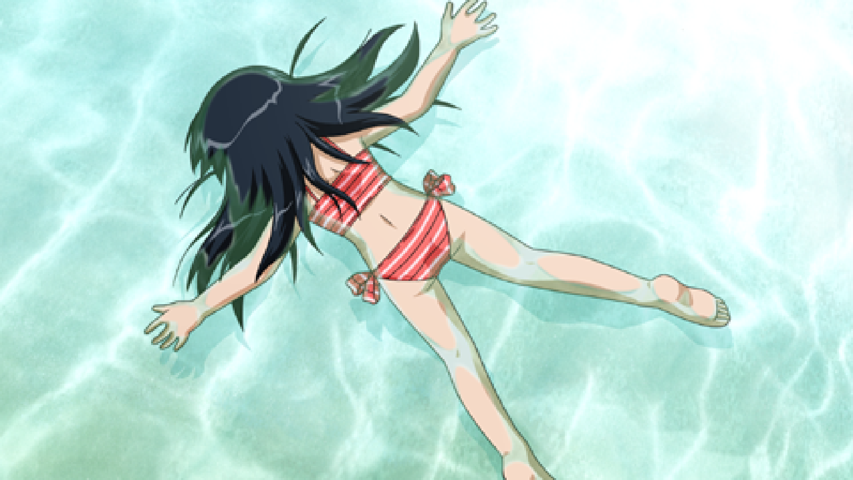 tsukamoto tenma, school rumble, game cg, highres, 1girl, ass, barefoot, beach, bikini, black hair, feet, legs, lying, ocean, on stomach, solo, swimsuit, thighs, unconscious, water
