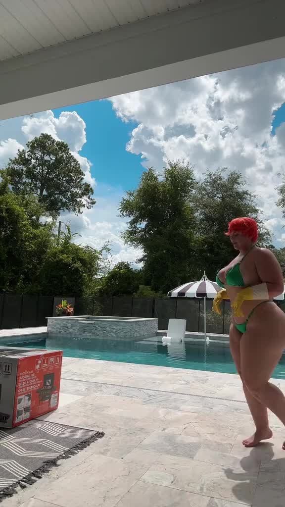 dexter's mom, mom (dexter's laboratory), dexter's laboratory, real life, animated, tagme, video, 1girl, arm tattoo, bikini, box, dancing, dragon tattoo, gloves, green bikini, jiggle, leg tattoo, mystic being, navel, orange hair, outdoors, poolside, short hair, string bikini, swimsuit, tattoo, yellow gloves