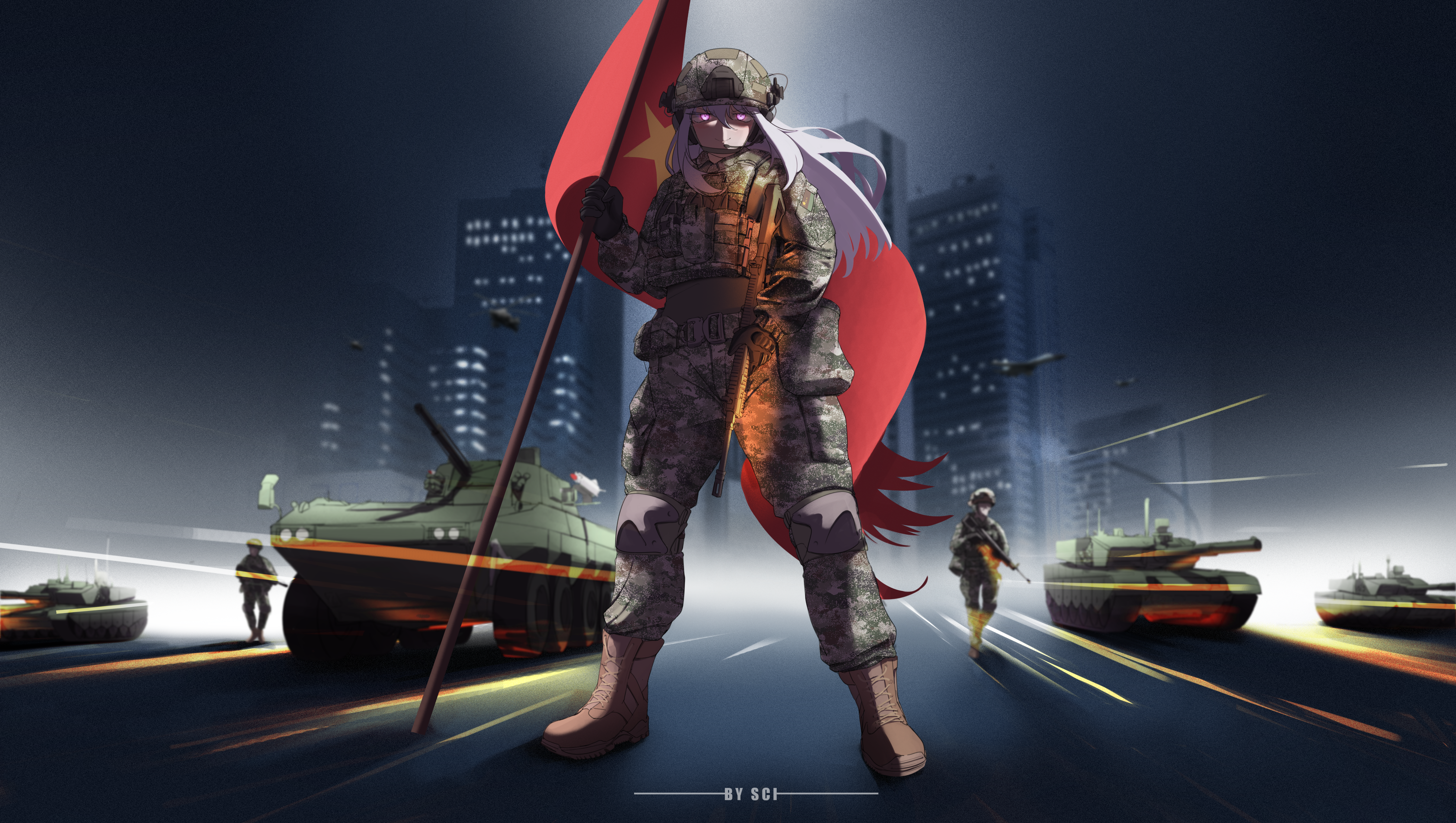 sci (31134306), original, absurdres, highres, huge filesize, 1girl, 2others, aircraft, airplane, ambiguous gender, ammunition pouch, anti-tank guided missile, anti-tank missile, assault rifle, autocannon, boots, building, camouflage, camouflage jacket, camouflage pants, cannon, china, city, combat boots, combat helmet, eight-wheel drive, faceless, fighter jet, flag, flagpole, gun, headset, helicopter, helmet, holding, holding flag, holding gun, holding weapon, jacket, knee pads, load bearing vest, long hair, magazine (weapon), military combat uniform, military uniform, military vehicle, motor vehicle, multiple others, night, night sky, pants, people's liberation army, people's liberation army air force, people's liberation army ground force, people's republic of china flag, pouch, purple eyes, qbz-191, rifle, sky, skyscraper, smoke grenade launcher, soldier, standard bearer, standing, tank, type 08 combat vehicle, weapon, white hair, zbl-08, ztz-99