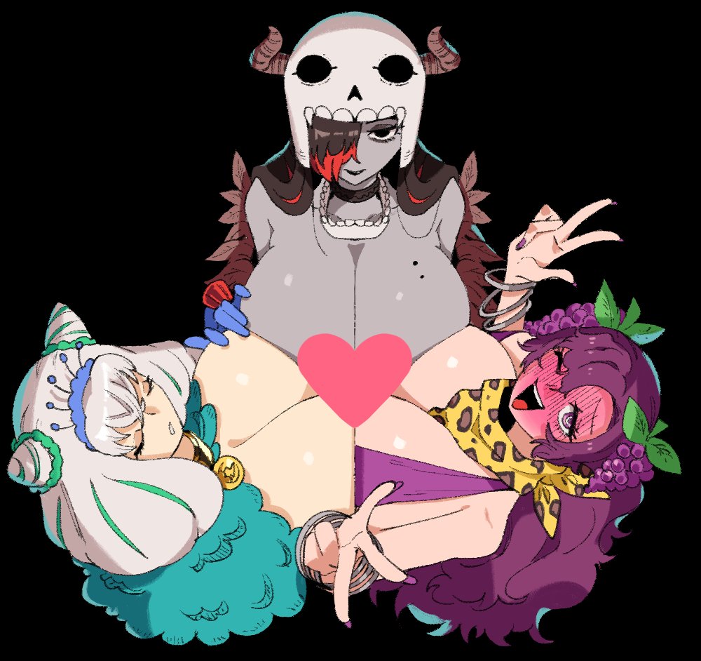 wanderjegson, 3girls, black hair, breast press, breasts, colored skin, drunk, eyelashes, grey skin, half-closed eyes, heart, horns, huge breasts, long hair, looking at viewer, mole, mole on breast, multiple girls, pale skin, purple hair, shiny skin, skull, skull helmet, skull on head, white hair