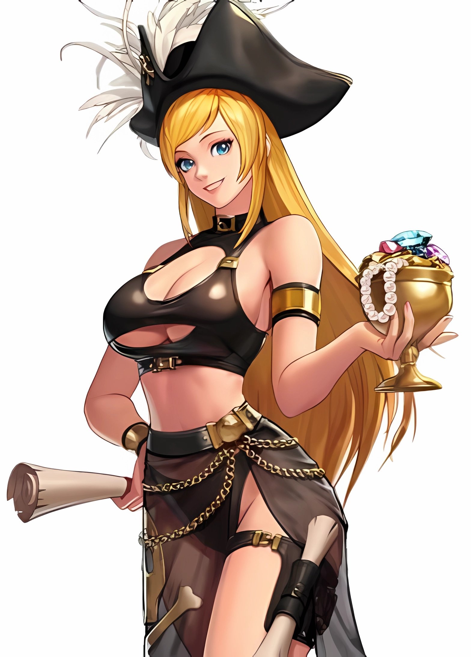 b. jenet, b.jenet, the king of fighters, 1girl, blonde hair, blue eyes, breasts, cleavage, cleavage cutout, clothing cutout, curvy, dress, female focus, hat, huge breasts, large breasts, long hair, looking at viewer, pale skin, panties, see-through clothes, skirt, smile, standing, thick thighs, thighs, underboob, underwear, wide hips