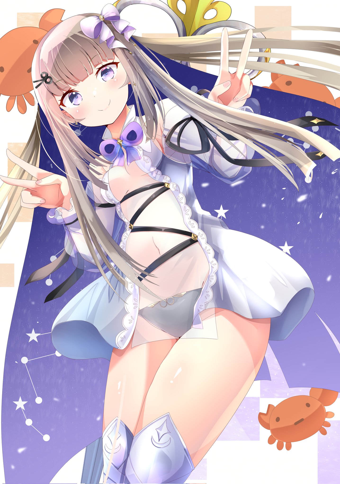 crabwomanlove, amanogawa shiina, phase connect, tagme, 1girl, armor, blunt bangs, breasts, constellation, crab, double v, greaves, hair ribbon, panties, ribbon, scissors, see-through clothes, small breasts, solo, thighs, underwear, v, virtual youtuber