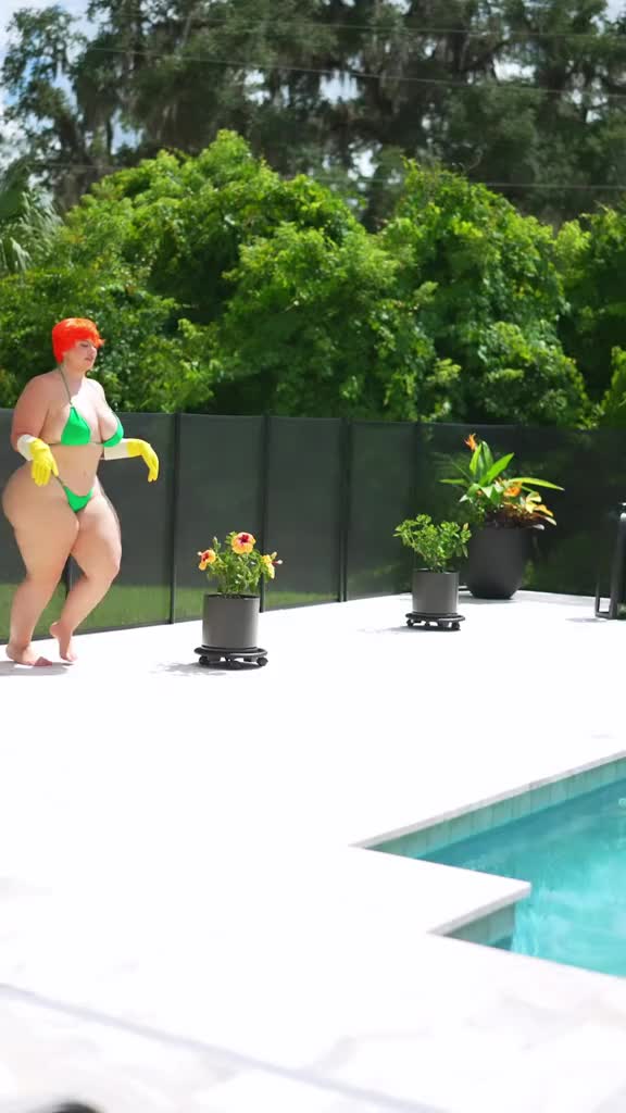 dexter's mom, mom (dexter's laboratory), dexter's laboratory, real life, animated, audible music, sound, tagme, video, 1girl, arm tattoo, bikini, cosplay, gloves, green bikini, mystic being, orange hair, outdoors, poolside, running, slow motion, swimsuit, tattoo, yellow gloves