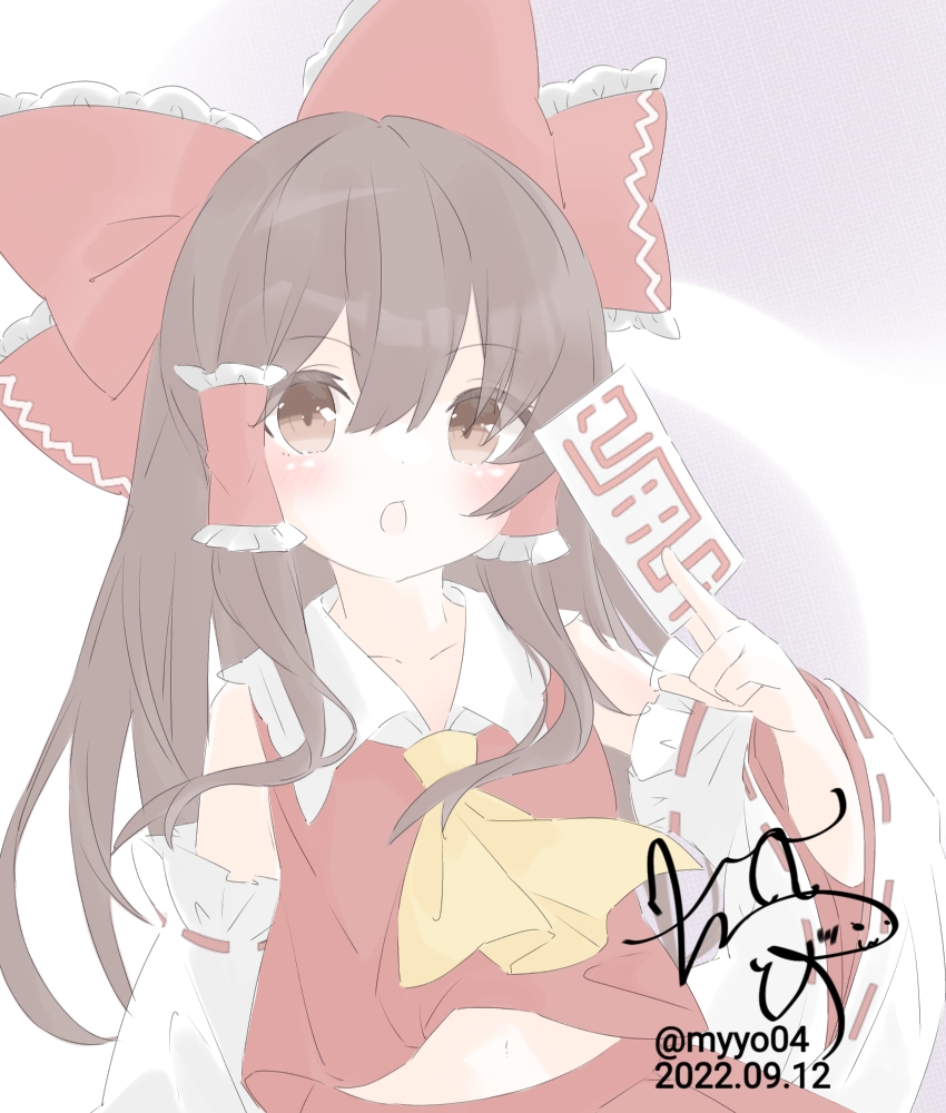 chame (myyo04), hakurei reimu, touhou, commentary request, 1girl, ascot, between fingers, blush, bow, brown eyes, brown hair, dated, detached sleeves, frilled bow, frilled hair tubes, frills, hair bow, hair tubes, holding, long hair, looking at viewer, midriff peek, navel, ofuda, ofuda between fingers, open mouth, red bow, red skirt, ribbon-trimmed sleeves, ribbon trim, signature, skirt, skirt set, solo, twitter username, yellow ascot