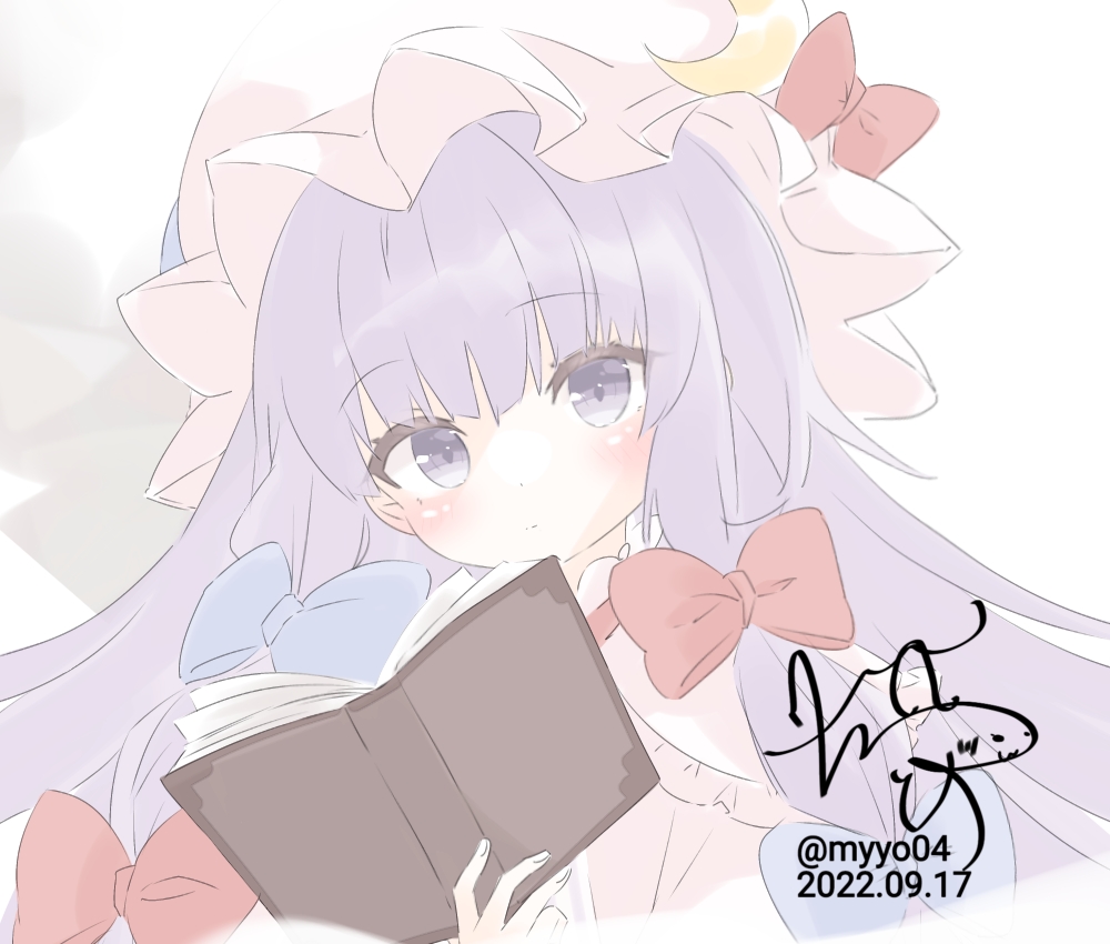 chame (myyo04), patchouli knowledge, touhou, commentary request, 1girl, blue bow, book, bow, crescent, crescent hat ornament, dated, dress, hair bow, hat, hat ornament, holding, holding book, mob cap, open book, pink dress, pink hat, purple eyes, purple hair, red bow, signature, solo, twitter username