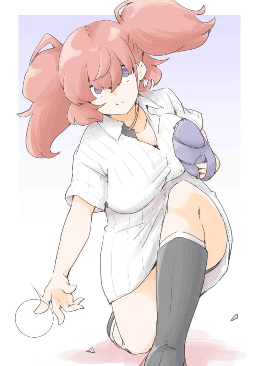 akara kai, atlanta (kancolle), kantai collection, highres, 1girl, baseball, breasts, brown hair, earrings, jewelry, large breasts, shirt, solo, star (symbol), star earrings, twintails, white shirt