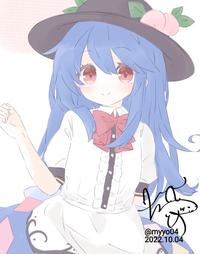 chame (myyo04), hinanawi tenshi, touhou, commentary request, 1girl, apron, arm behind back, black hat, blue hair, blue skirt, blush, bow, bowtie, center frills, closed mouth, collared shirt, dated, frills, fruit hat ornament, hat, hat ornament, leaf hat ornament, long hair, looking at viewer, peach hat ornament, puffy short sleeves, puffy sleeves, red bow, red bowtie, red eyes, shirt, short sleeves, signature, skirt, smile, solo, twitter username, very long hair, waist apron, white apron, white shirt