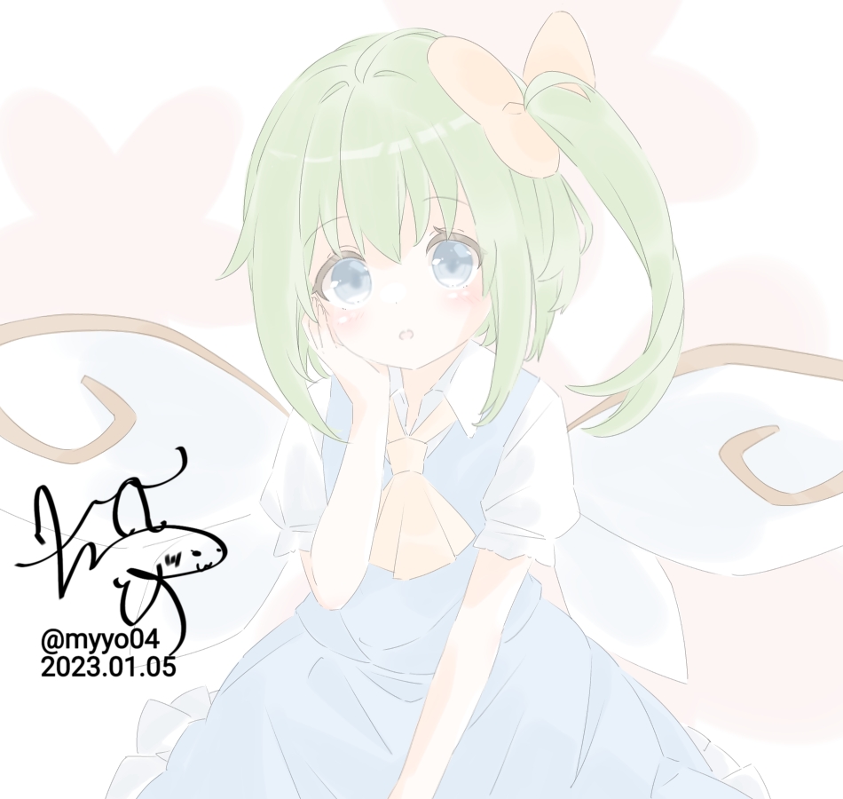 chame (myyo04), daiyousei, touhou, commentary request, 1girl, ascot, blue dress, blue eyes, blush, bow, collared shirt, dated, dress, fairy, fairy wings, green hair, hair bow, hand on own cheek, hand on own face, one side up, open mouth, puffy short sleeves, puffy sleeves, shirt, short sleeves, signature, solo, twitter username, white shirt, wings, yellow ascot, yellow bow