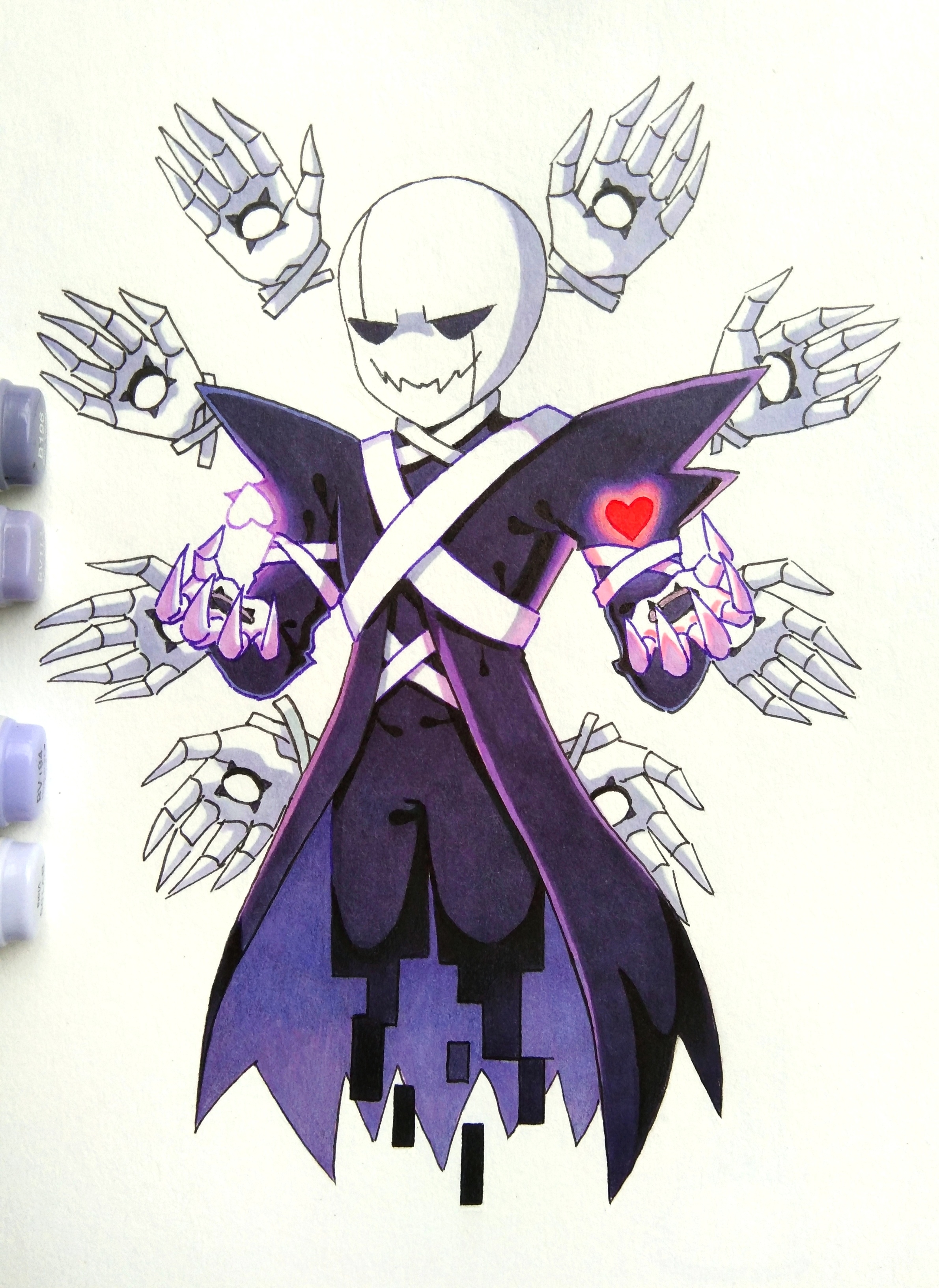 nishinianshaodehuanxi137, soul (deltarune), w.d. gaster, undertale, utdr (toby fox), xtale, absurdres, chinese commentary, commentary request, highres, marker (medium), traditional media, 1boy, alternate universe, art tools in frame, black coat, black pants, black shirt, closed mouth, coat, extra hands, fangs, film grain, full body, glowing, glowing heart, hands up, heart, hollow eyes, long sleeves, male focus, pants, shirt, simple background, skeleton, skin fangs, smile, solo, white background