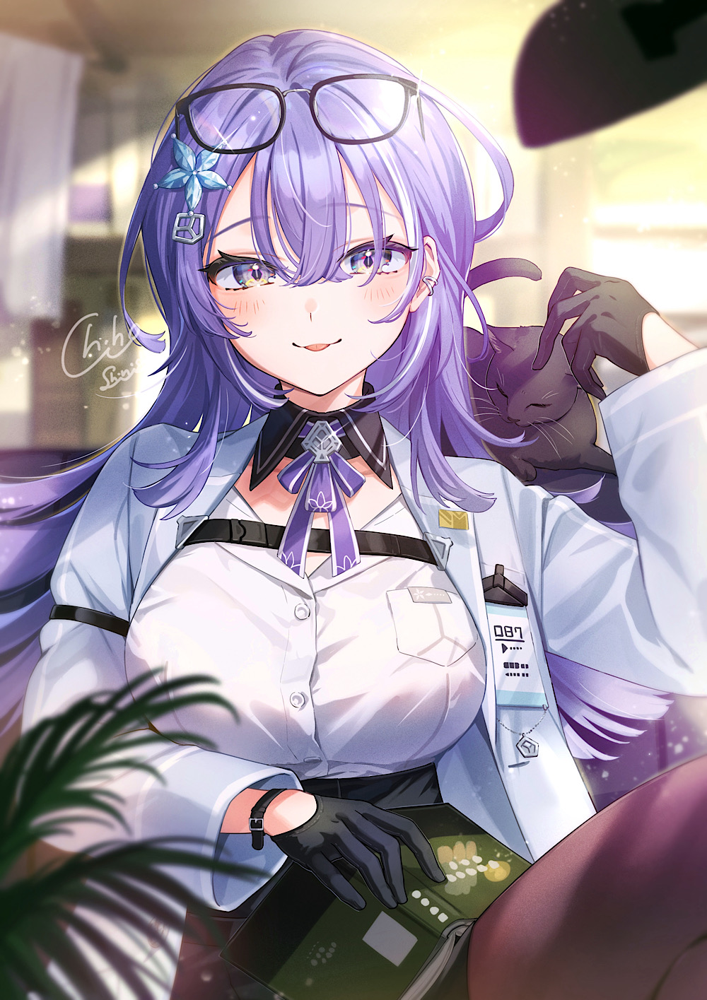 shinishi chiho, original, highres, 1girl, black cat, black gloves, black pantyhose, blurry, blurry background, breasts, cat, closed mouth, coat, eyewear on head, glasses, gloves, hair between eyes, hair ornament, indoors, lab coat, large breasts, long hair, long sleeves, looking at viewer, multicolored hair, open clothes, open coat, pantyhose, purple hair, shirt, smile, solo, streaked hair, tongue, tongue out, watch, white coat, white hair, white shirt, wristwatch