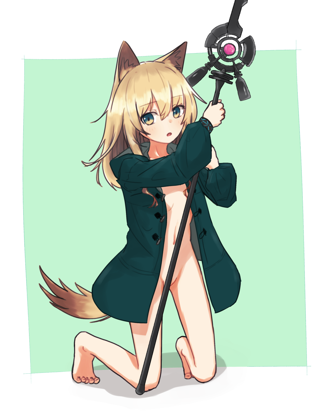 kamihine, infection monitor (arknights), podenco (arknights), arknights, commentary request, highres, variant set, 1girl, animal ear fluff, animal ears, barefoot, blonde hair, blue eyes, border, bottomless, breasts, convenient censoring, dog ears, dog girl, dog tail, full body, green background, green jacket, holding, holding staff, jacket, kneeling, long hair, long sleeves, looking at viewer, naked jacket, navel, open mouth, outside border, puffy long sleeves, puffy sleeves, simple background, small breasts, solo, staff, tail, toes, white border