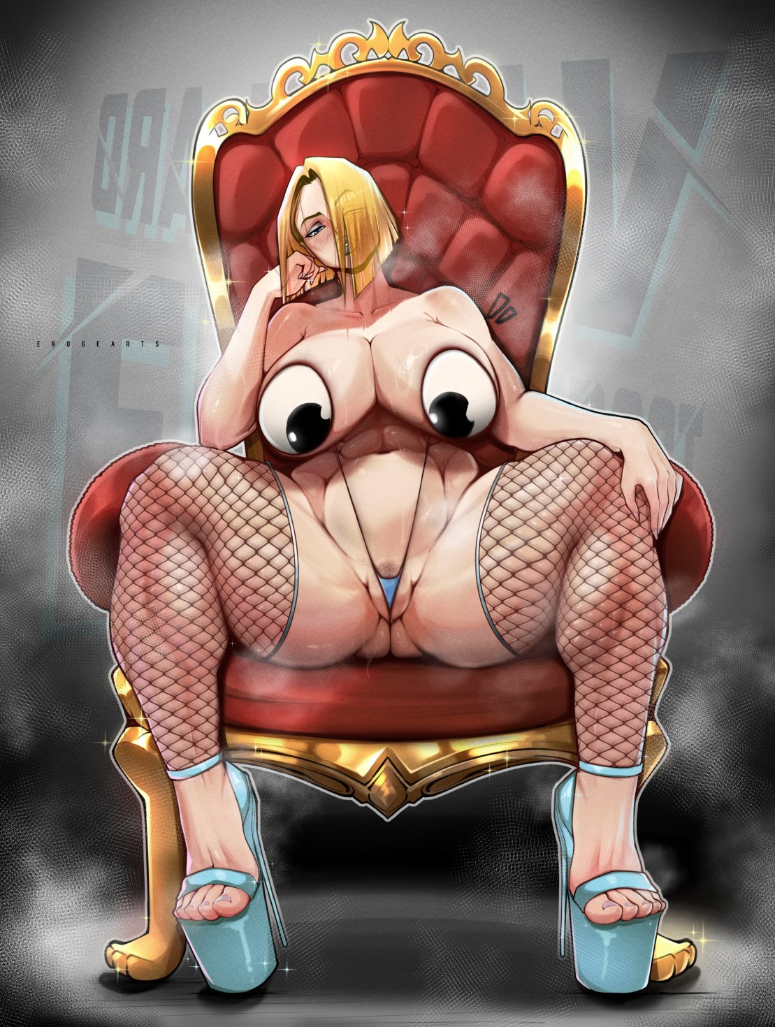 erogearts, emma frost, marvel, marvel rivals, 1girl, artist name, bare shoulders, blonde hair, blonde pubic hair, blue eyes, blue lips, blue nails, breasts, breasts out, chair, collarbone, female focus, female pubic hair, fishnet thighhighs, fishnets, googly eyes, hand on own cheek, hand on own face, high heels, large breasts, medium hair, pubic hair, sitting, slingshot swimsuit, spread legs, swimsuit, thick thighs, thighhighs, thighs