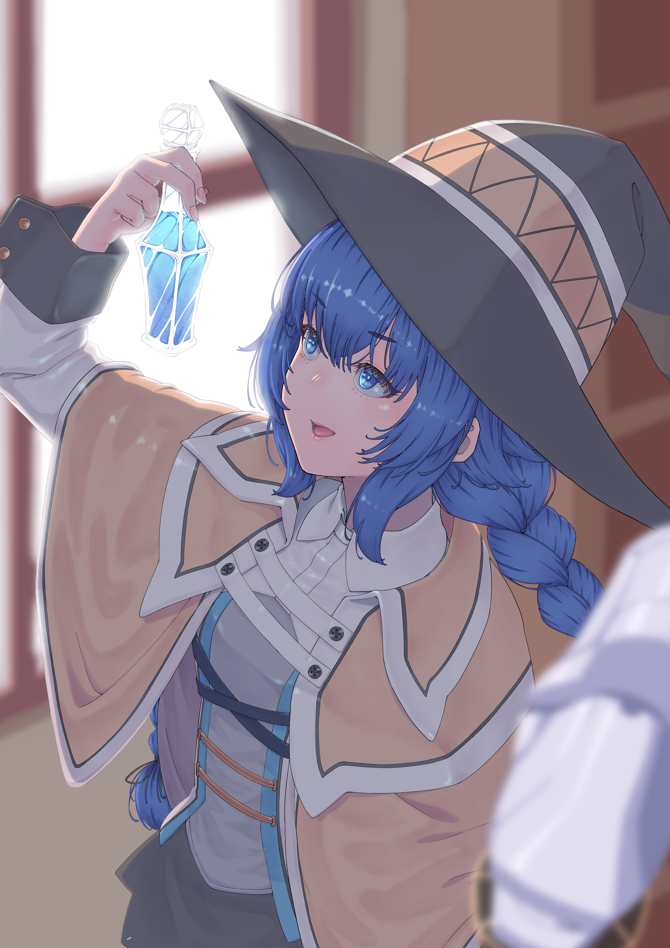 moga vdvk3434, roxy migurdia, mushoku tensei, absurdres, commentary, highres, 1girl, blue eyes, blue hair, braid, brown cape, cape, flask, hat, holding, holding flask, indoors, large hat, long braid, long hair, open mouth, solo, twin braids, witch hat