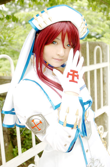 mizuhara arisa, esther blanchett, trinity blood, photo (medium), tagme, 1girl, asian, blue eyes, color contacts, cosplay, esther blanchett (cosplay), female focus, looking at viewer, outdoors, red hair, solo
