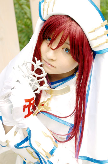 mizuhara arisa, esther blanchett, trinity blood, photo (medium), tagme, 1girl, asian, blue eyes, color contacts, cosplay, esther blanchett (cosplay), female focus, looking at viewer, outdoors, red hair, solo