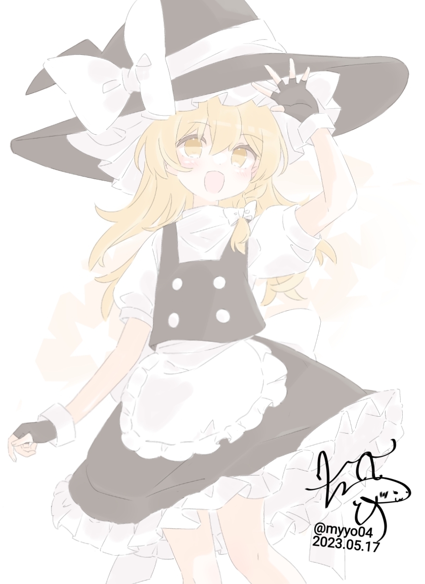 chame (myyo04), kirisame marisa, touhou, commentary request, 1girl, apron, black gloves, black hat, black skirt, black vest, blonde hair, bow, braid, dated, fingerless gloves, gloves, hair bow, hat, hat bow, long hair, looking at viewer, open mouth, puffy short sleeves, puffy sleeves, short sleeves, side braid, signature, single braid, skirt, smile, solo, twitter username, vest, waist apron, white apron, white bow, witch hat, yellow eyes