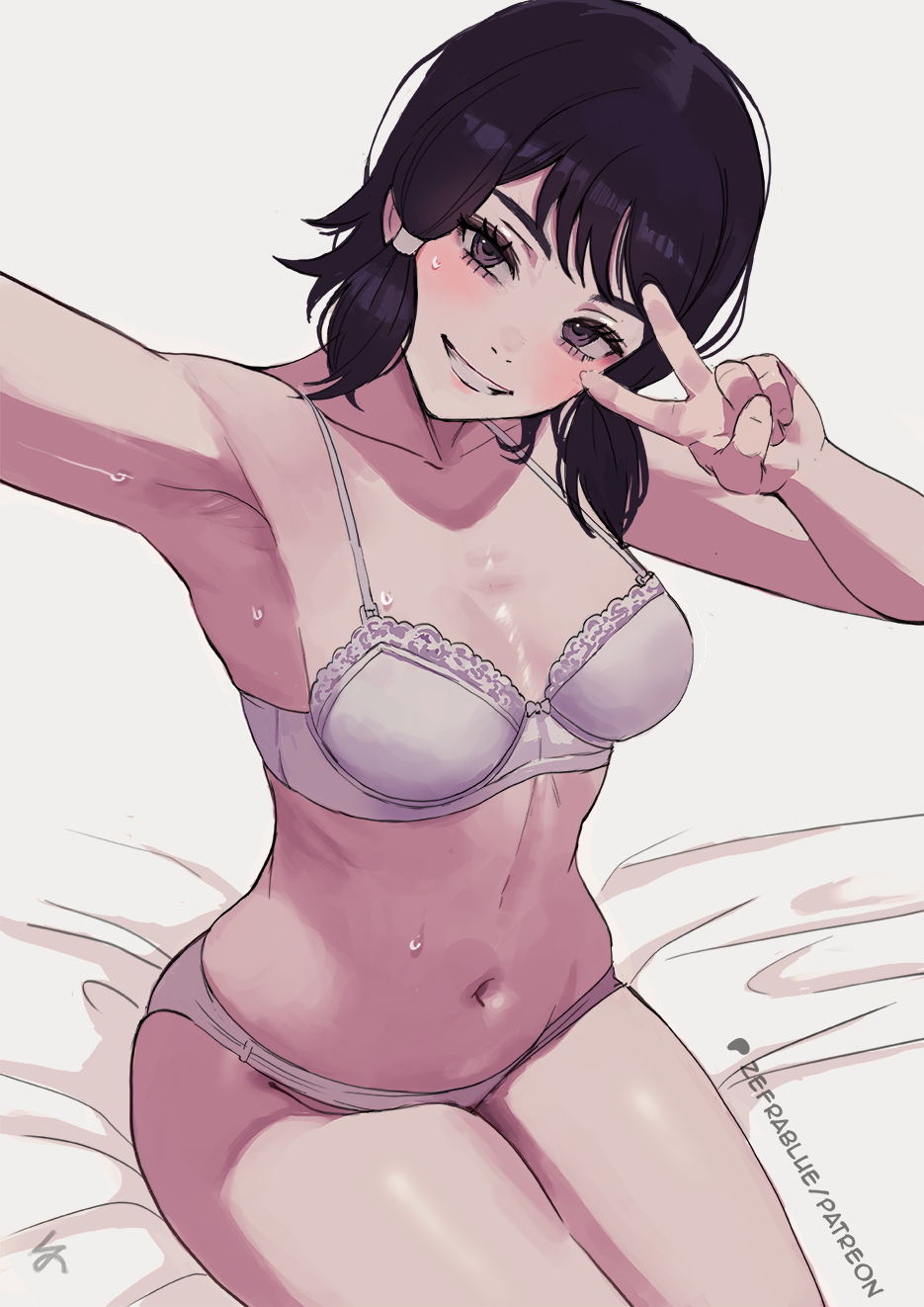 zefrableu, mifune fumiko, chainsaw man, commentary, highres, 1girl, armpits, black hair, bra, breasts, completely nude, indoors, looking at viewer, low-tied sidelocks, medium breasts, medium hair, navel, nude, panties, patreon username, selfie, sidelocks, sitting, smile, solo, underwear, underwear only, v, v over eye, white bra, white panties