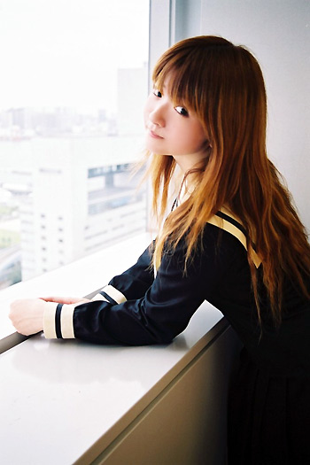 mizuhara arisa, toudou shimako, maria-sama ga miteru, photo (medium), 1girl, cosplay, female focus, indoors, looking at viewer, school uniform, serafuku, solo, toudou shimako (cosplay)