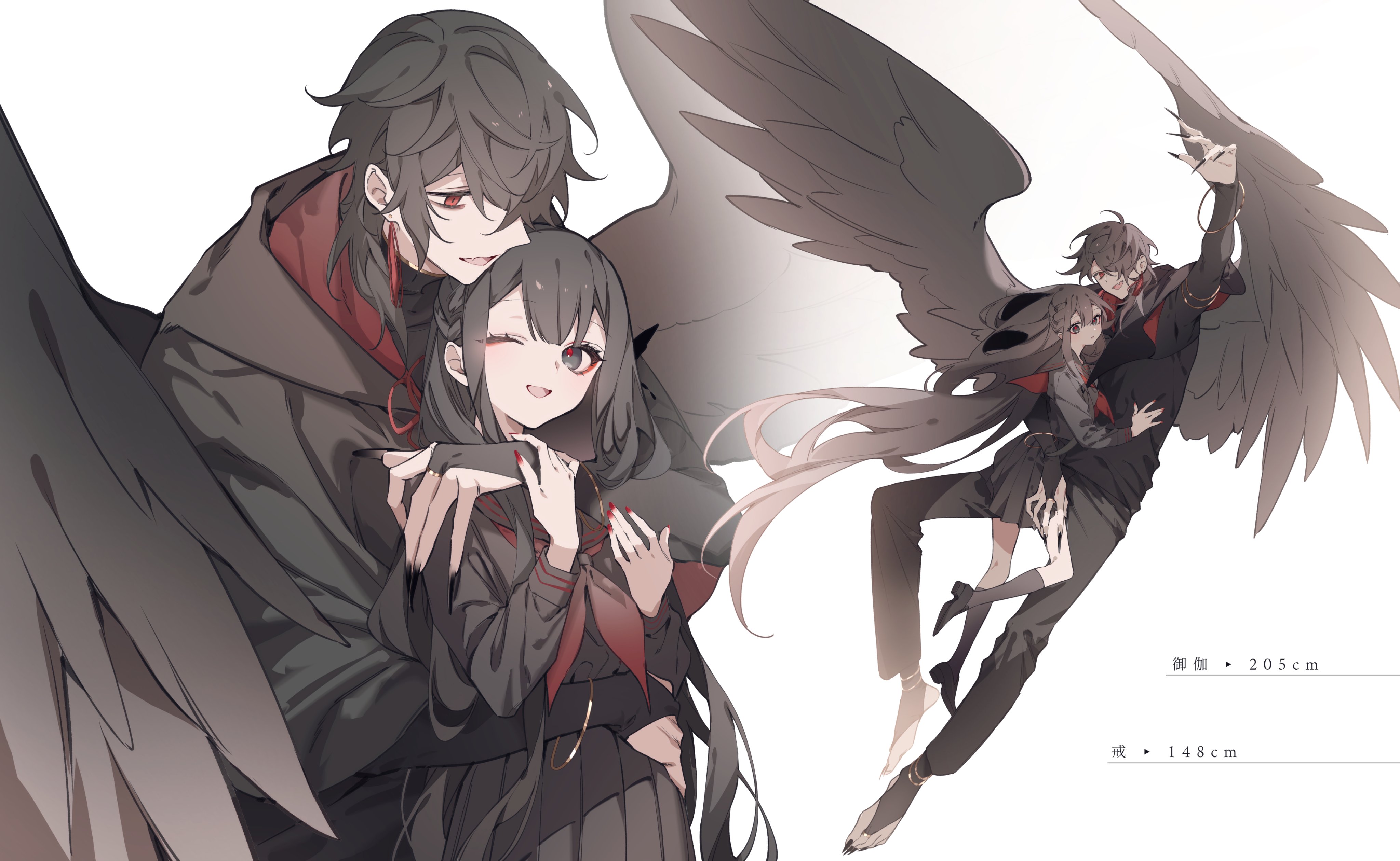 shiozaki shino, original, absurdres, highres, 1boy, 1girl, black capelet, black eyes, black hair, black nails, black pants, black sailor collar, black serafuku, black shirt, black shoes, black skirt, black socks, black wings, capelet, feathered wings, fingernails, hair over one eye, height, hug, hug from behind, long hair, neckerchief, one eye closed, open mouth, pants, pleated skirt, red eyes, red nails, red neckerchief, red pupils, sailor collar, school uniform, serafuku, sharp fingernails, shirt, shoes, short hair, skirt, socks, very long hair, wings