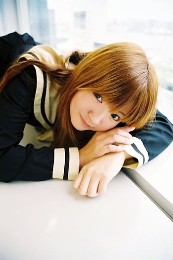 mizuhara arisa, toudou shimako, maria-sama ga miteru, photo (medium), 1girl, cosplay, female focus, indoors, looking at viewer, school uniform, serafuku, solo, toudou shimako (cosplay)