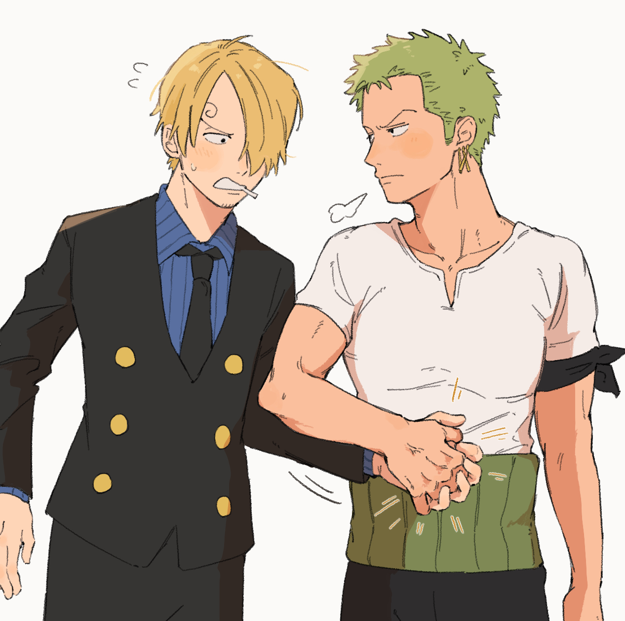 iqracha, roronoa zoro, sanji (one piece), one piece, highres, 2boys, black jacket, black necktie, black pants, blonde hair, cigarette, closed mouth, collarbone, collared shirt, cowboy shot, earrings, facial hair, flying sweatdrops, goatee stubble, green hair, grimace, hair over one eye, holding hands, jacket, jewelry, looking at another, male focus, multiple boys, necktie, pants, shirt, short hair, smoking, striped clothes, striped shirt, stubble, vertical-striped clothes, vertical-striped shirt, white background, white shirt, yaoi