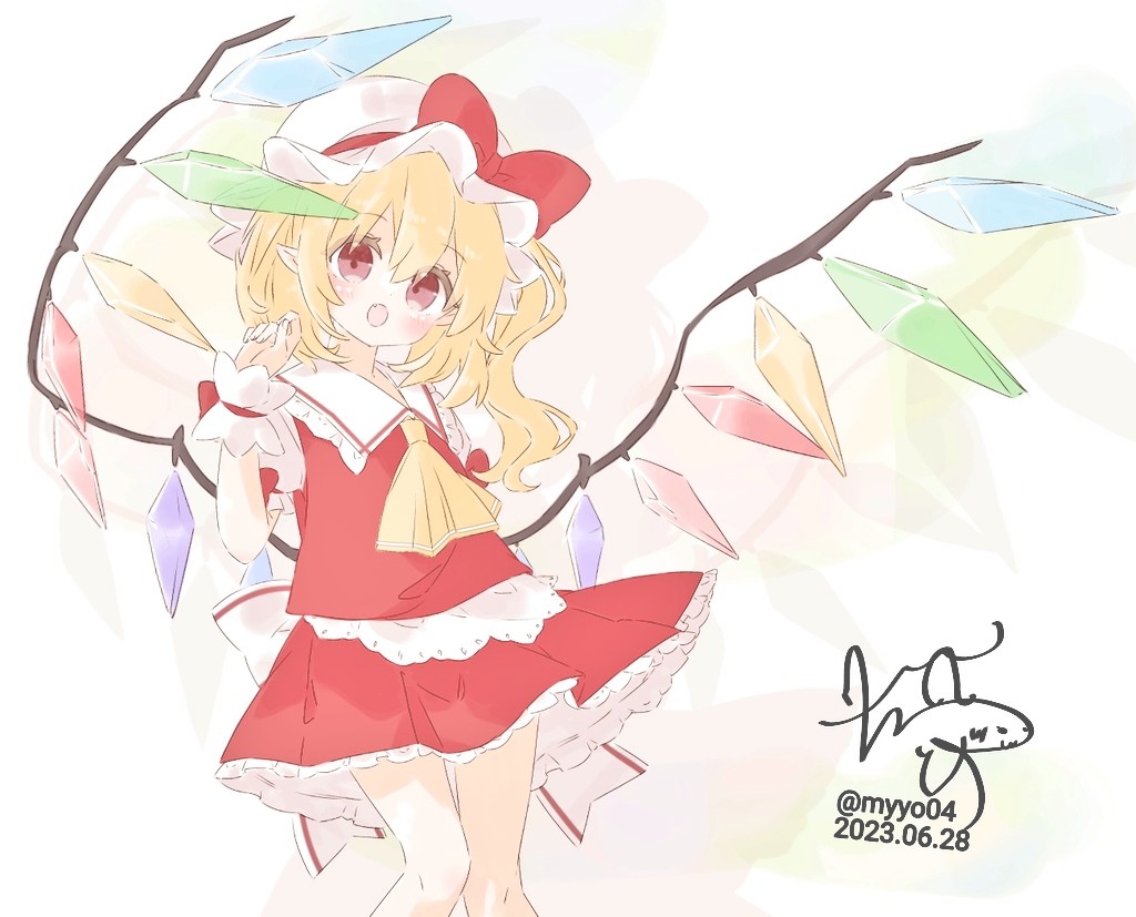 chame (myyo04), flandre scarlet, touhou, commentary request, 1girl, ascot, blonde hair, bow, collared shirt, crystal, crystal wings, dated, fang, frilled skirt, frills, hat, hat bow, looking at viewer, mob cap, multicolored wings, one side up, open mouth, pointy ears, red bow, red eyes, red skirt, red vest, shirt, signature, skirt, skirt set, solo, twitter username, vest, white hat, wings, wrist cuffs, yellow ascot