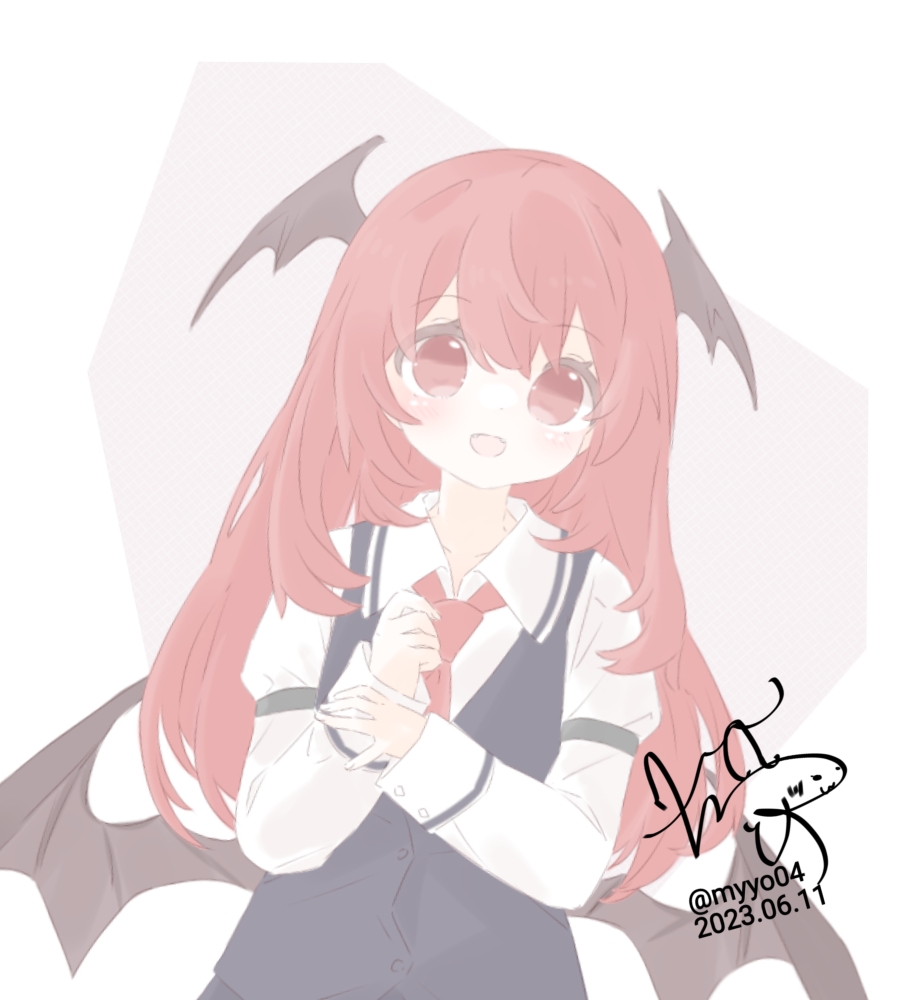chame (myyo04), koakuma, touhou, commentary request, 1girl, black vest, blush, collared shirt, dated, demon wings, fangs, head wings, long hair, long sleeves, looking at viewer, necktie, open mouth, red eyes, red hair, red necktie, shirt, signature, smile, solo, twitter username, very long hair, vest, white shirt, wings