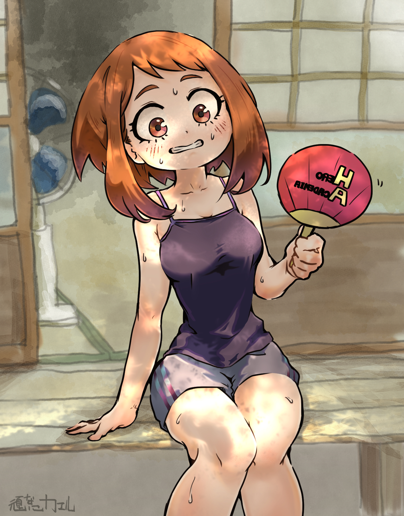 nvc 3days, uraraka ochako, boku no hero academia, commentary request, highres, 1girl, arm support, artist name, bare arms, bare shoulders, breasts, brown eyes, brown hair, camisole, clenched teeth, dappled sunlight, electric fan, feet out of frame, grey shorts, hand fan, holding, holding fan, hot, medium breasts, purple camisole, short hair, short shorts, shorts, sitting, solo, sunlight, sweat, teeth