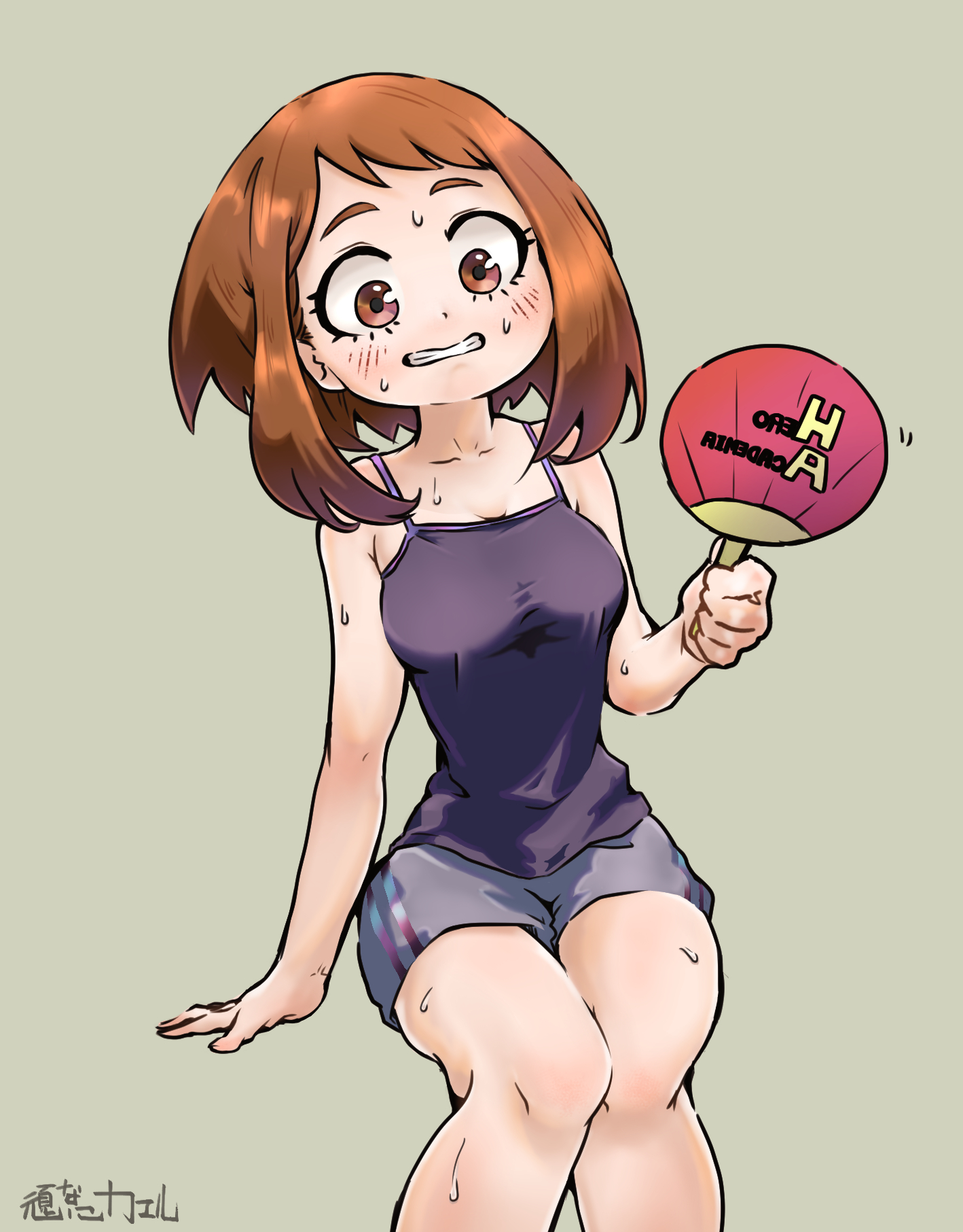 nvc 3days, uraraka ochako, boku no hero academia, commentary request, highres, 1girl, arm support, artist name, bare arms, bare shoulders, breasts, brown eyes, brown hair, camisole, clenched teeth, feet out of frame, green background, grey shorts, hand fan, holding, holding fan, hot, medium breasts, purple camisole, short hair, short shorts, shorts, simple background, sitting, solo, sweat, teeth