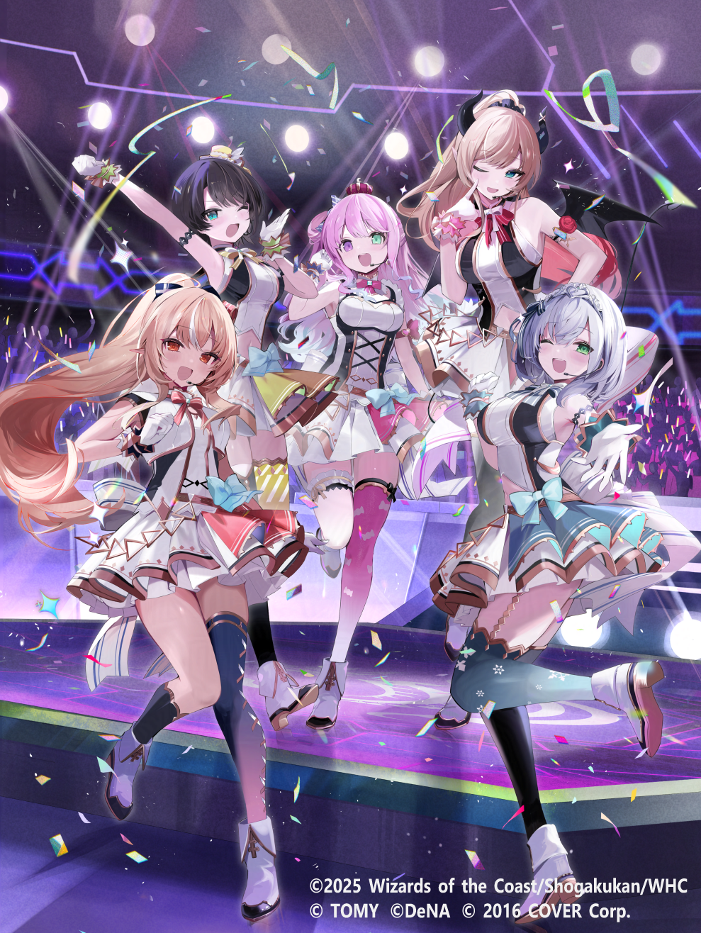 onodera nire, himemori luna, oozora subaru, shiranui flare, shirogane noel, yuzuki choco, hololive, commentary request, highres, official art, 5girls, :d, ;d, aqua eyes, asymmetrical legwear, back bow, black hair, black horns, blonde hair, blue socks, blue thighhighs, boots, bow, bow skirt, bowtie, breasts, concert, confetti, cropped shirt, cross-laced clothes, crossed bangs, crowd, crown, demon horns, demon tail, demon wings, double-parted bangs, elf, fold-over boots, frilled shirt collar, frilled thigh strap, frills, full body, gloves, glowstick, gold trim, gradient hair, green eyes, grey hair, hair between eyes, hair bow, hair rings, halter shirt, halterneck, hat, headset, heterochromia, high ponytail, hololive idol uniform (origin), horn ornament, horn ring, horns, idol clothes, kneehighs, large bow, large breasts, layered skirt, long hair, medium hair, mini crown, mini hat, mini top hat, miniskirt, multicolored hair, multiple girls, navel, official alternate costume, one eye closed, one side up, open mouth, penlight (glowstick), pink hair, pink thighhighs, pleated skirt, pointy ears, ponytail, purple eyes, purple hair, shirt, short hair, sidelocks, single hair ring, single kneehigh, single sock, single thighhigh, skirt, skirt set, sleeveless, sleeveless shirt, smile, socks, stage, streaked hair, swept bangs, tail, teeth, thigh strap, thighhighs, tiara, tilted headwear, top hat, uneven legwear, upper teeth only, virtual youtuber, wavy hair, white boots, white gloves, white hair, white shirt, wings, wrist cuffs
