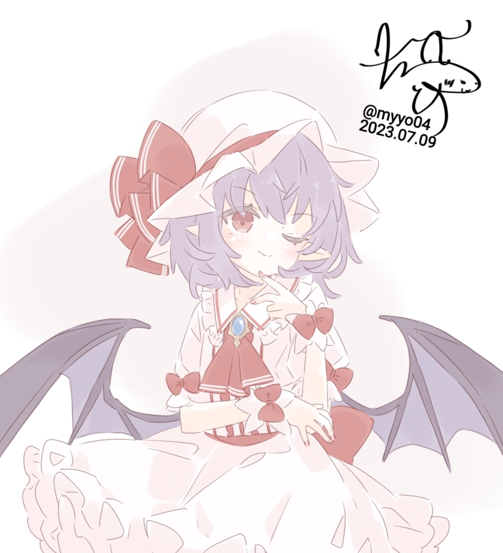 chame (myyo04), remilia scarlet, touhou, commentary request, 1girl, ascot, bat wings, blue brooch, bow, brooch, closed mouth, dated, hat, hat ribbon, jewelry, looking at viewer, mob cap, one eye closed, pink hat, pink shirt, pink skirt, pointy ears, purple hair, red ascot, red bow, red eyes, ribbon, shirt, signature, skirt, sleeve bow, smile, solo, twitter username, wings, wrist cuffs
