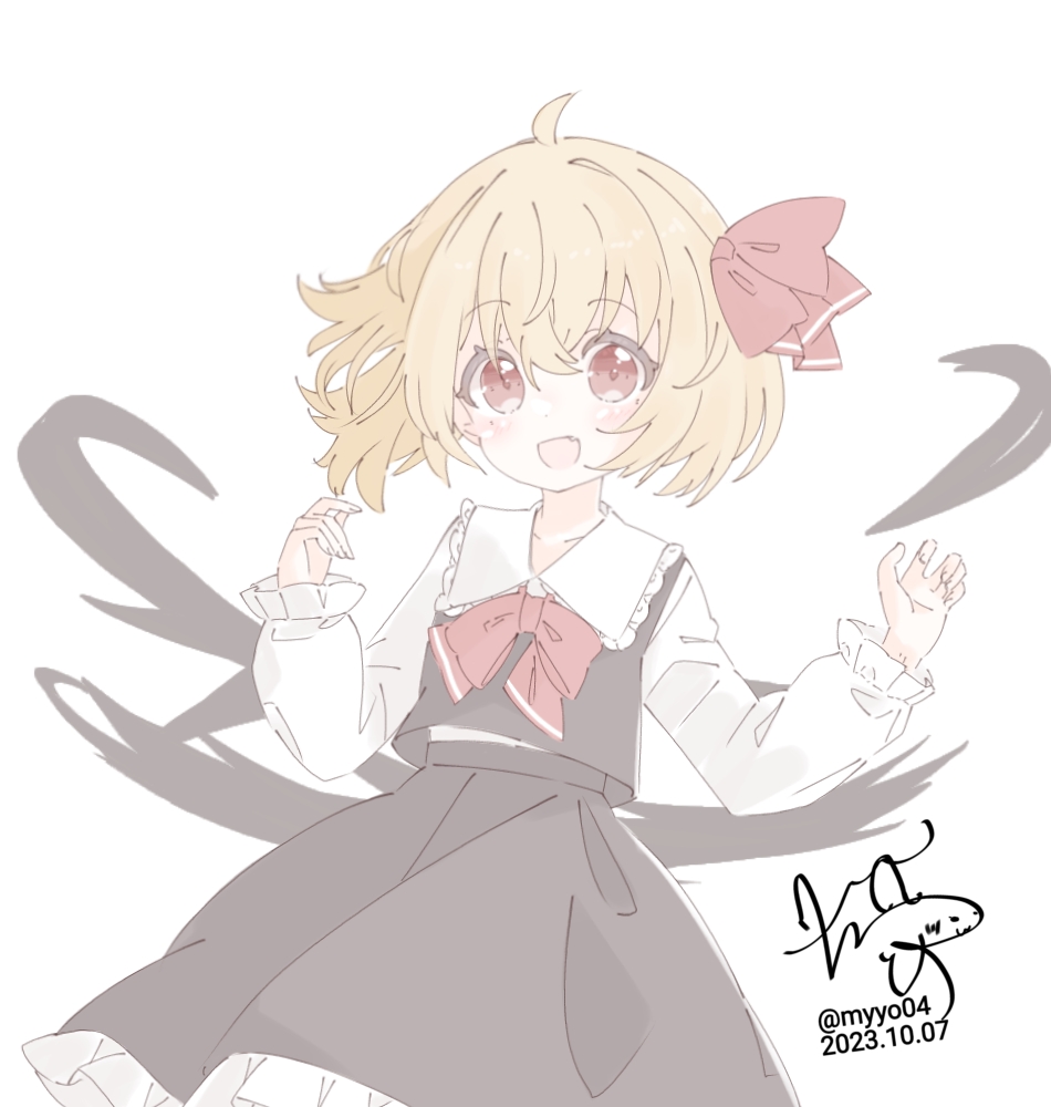 chame (myyo04), rumia, touhou, commentary request, 1girl, black skirt, black vest, blonde hair, bow, bowtie, collared shirt, darkness, dated, fang, frilled shirt collar, frills, hair ribbon, long sleeves, looking at viewer, open mouth, red bow, red bowtie, red eyes, red ribbon, ribbon, shirt, signature, skirt, skirt set, smile, solo, twitter username, umbrakinesis, vest, white shirt